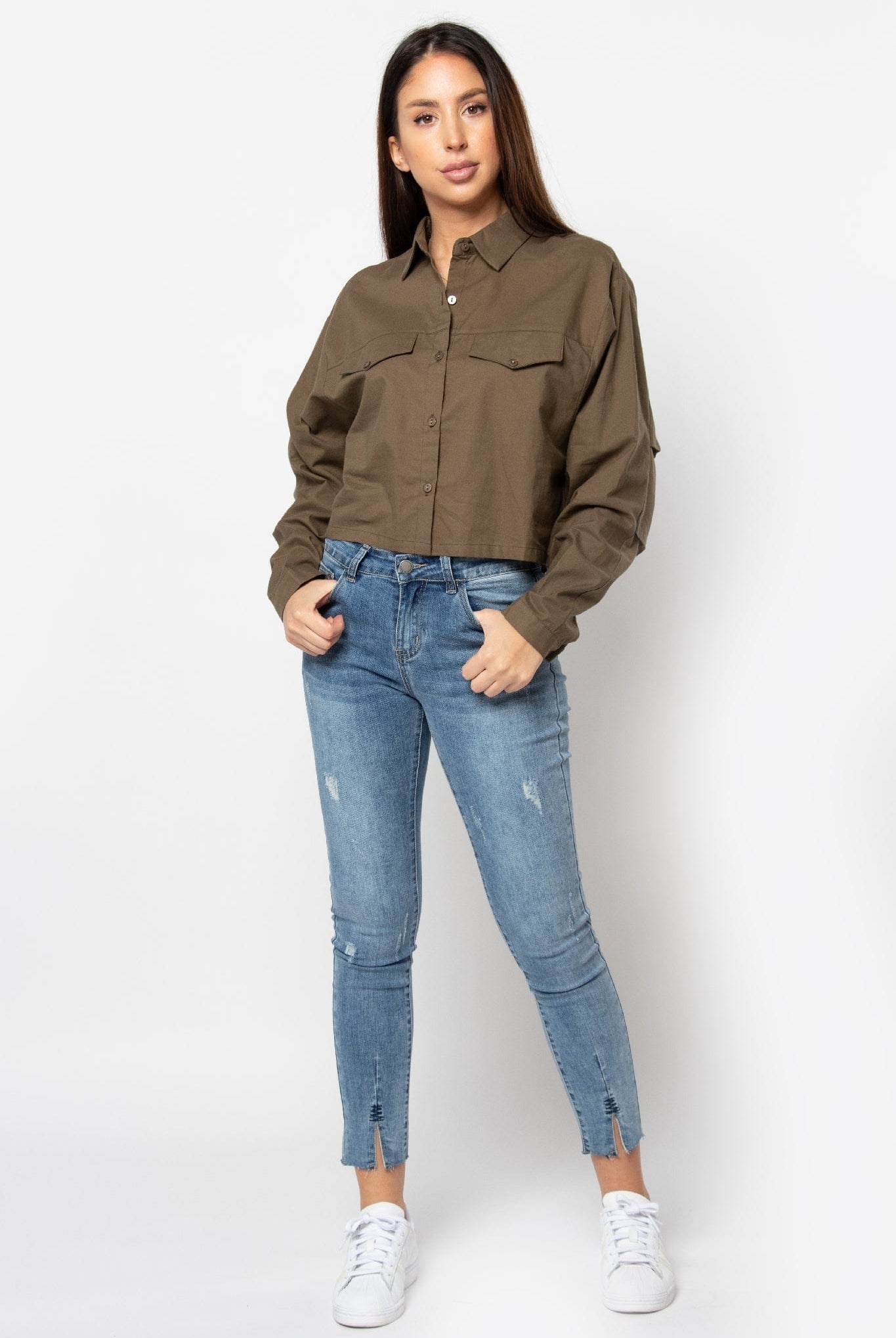 كيتشن بلوزة سادة بأزرار أمامية كم طويل نسائي