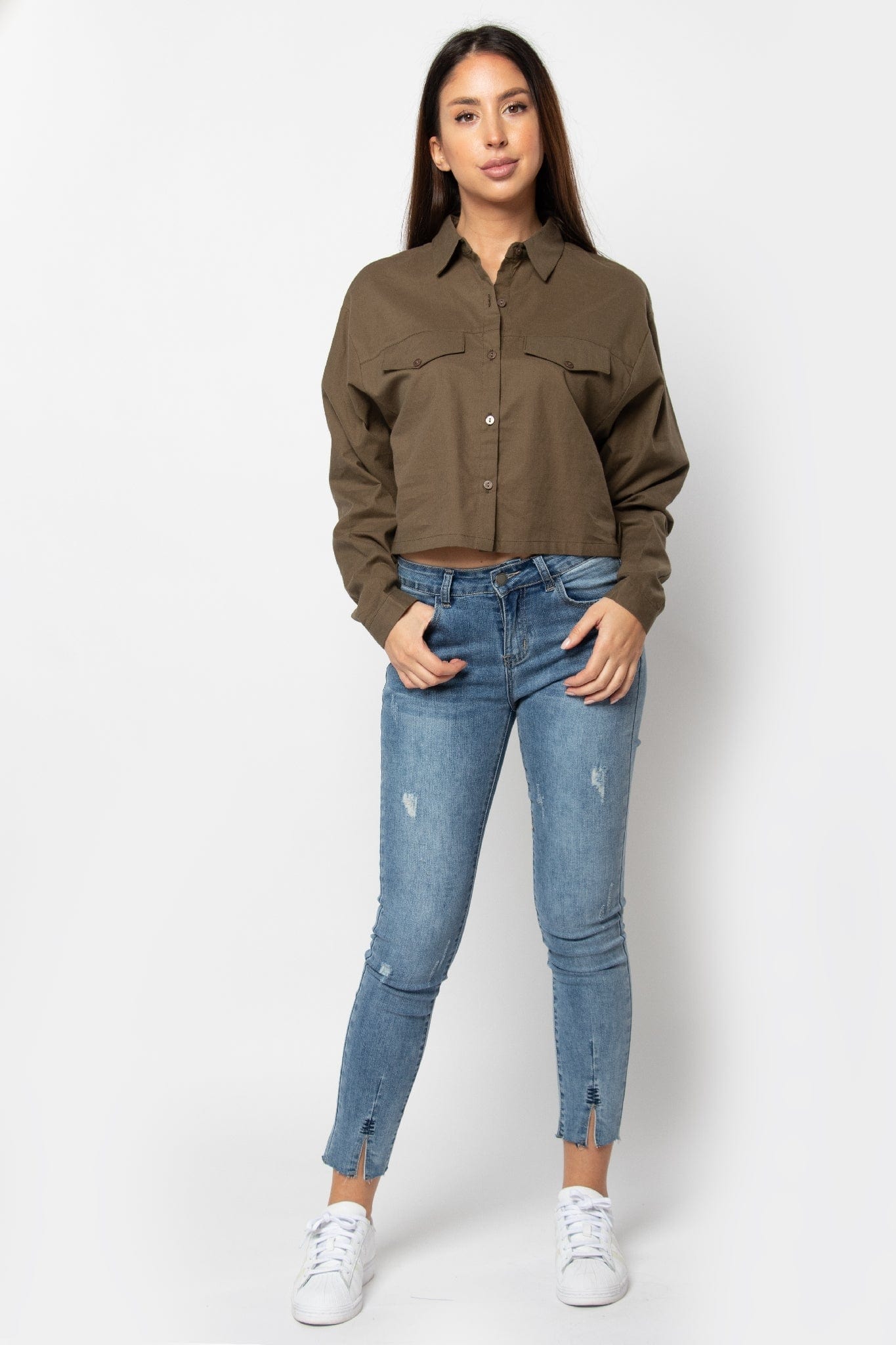 كيتشن بلوزة سادة بأزرار أمامية كم طويل نسائي