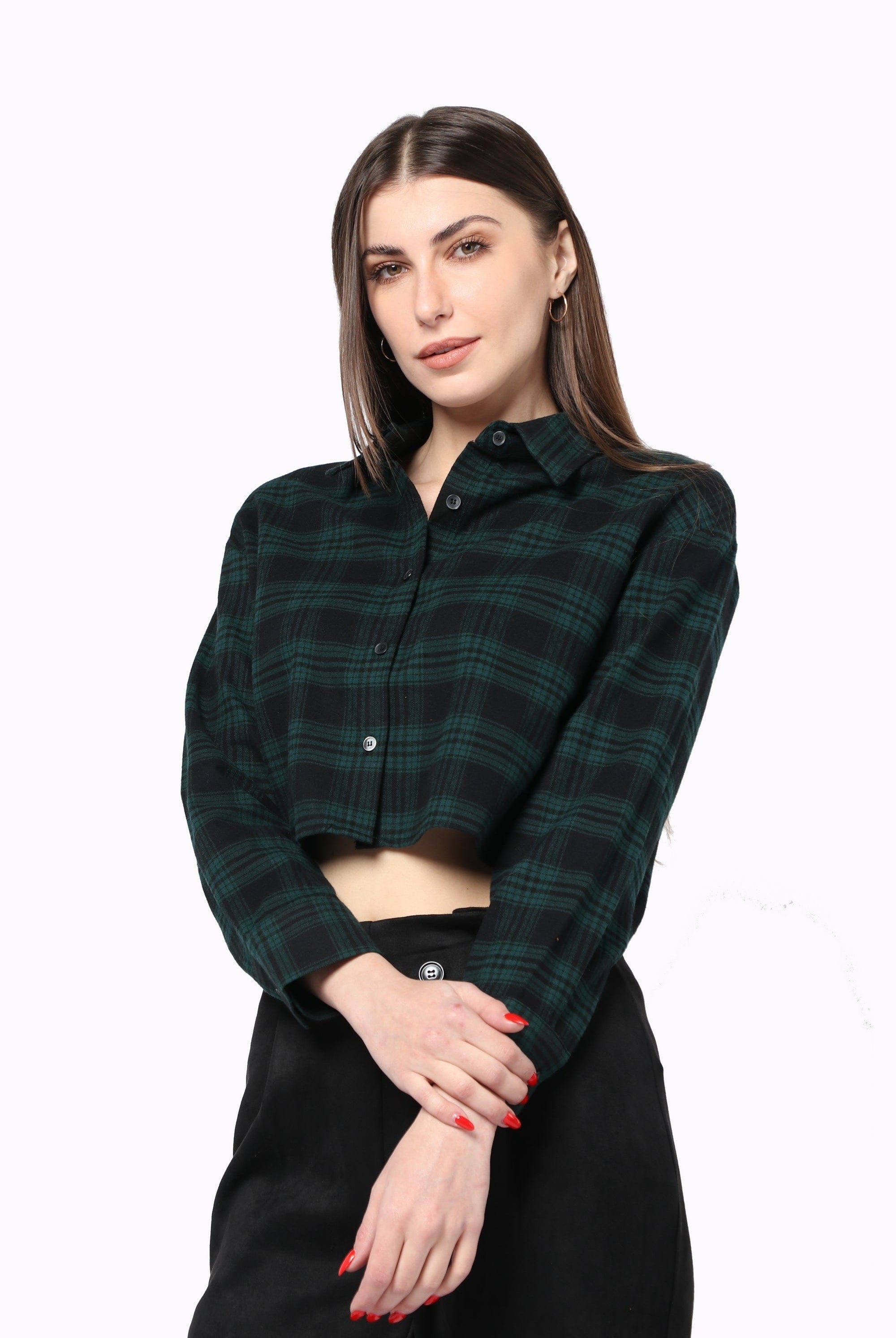 كيتشن قميص نص بطن كاروهات بأزرار كم طويل نسائي