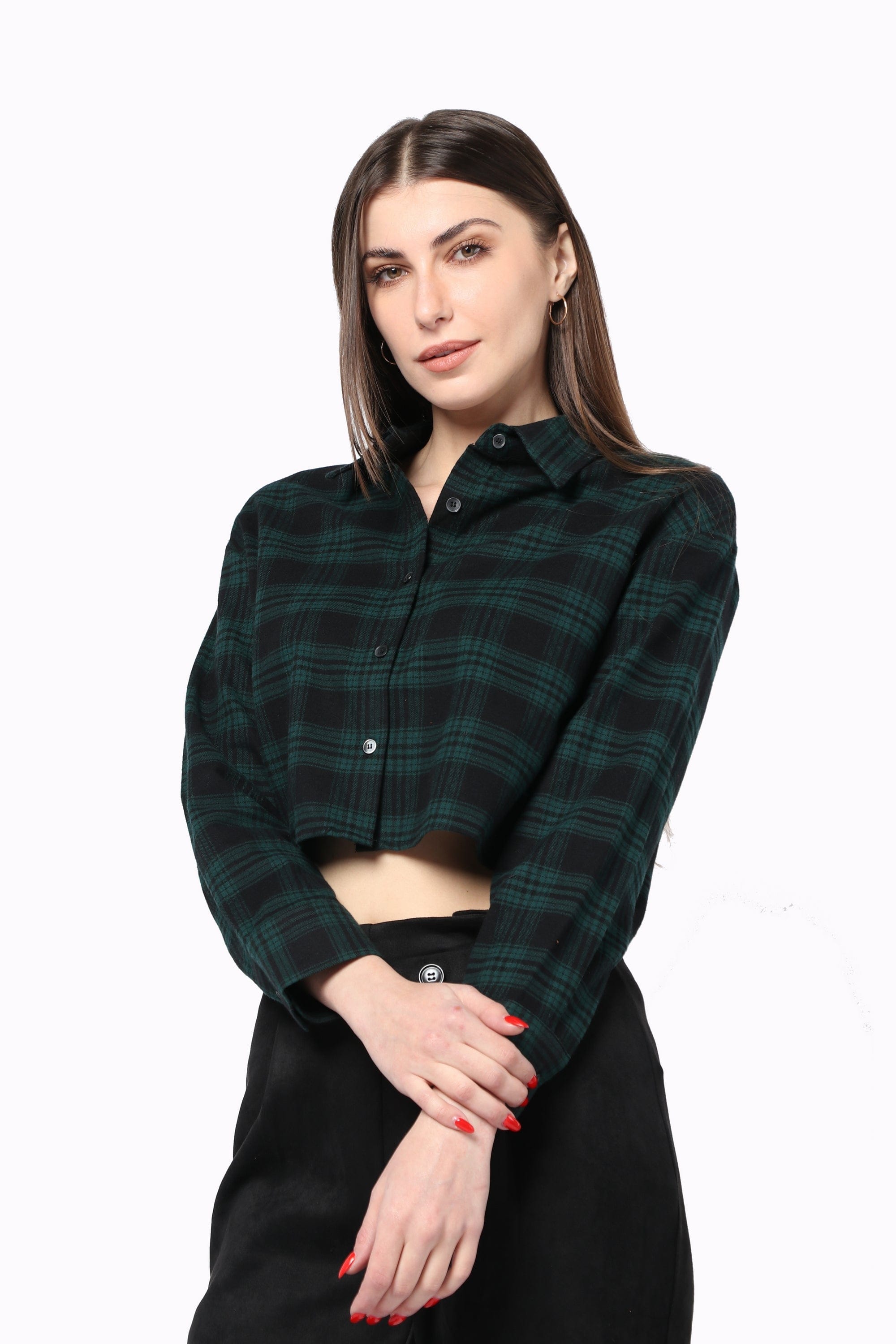 كيتشن قميص نص بطن كاروهات بأزرار كم طويل نسائي