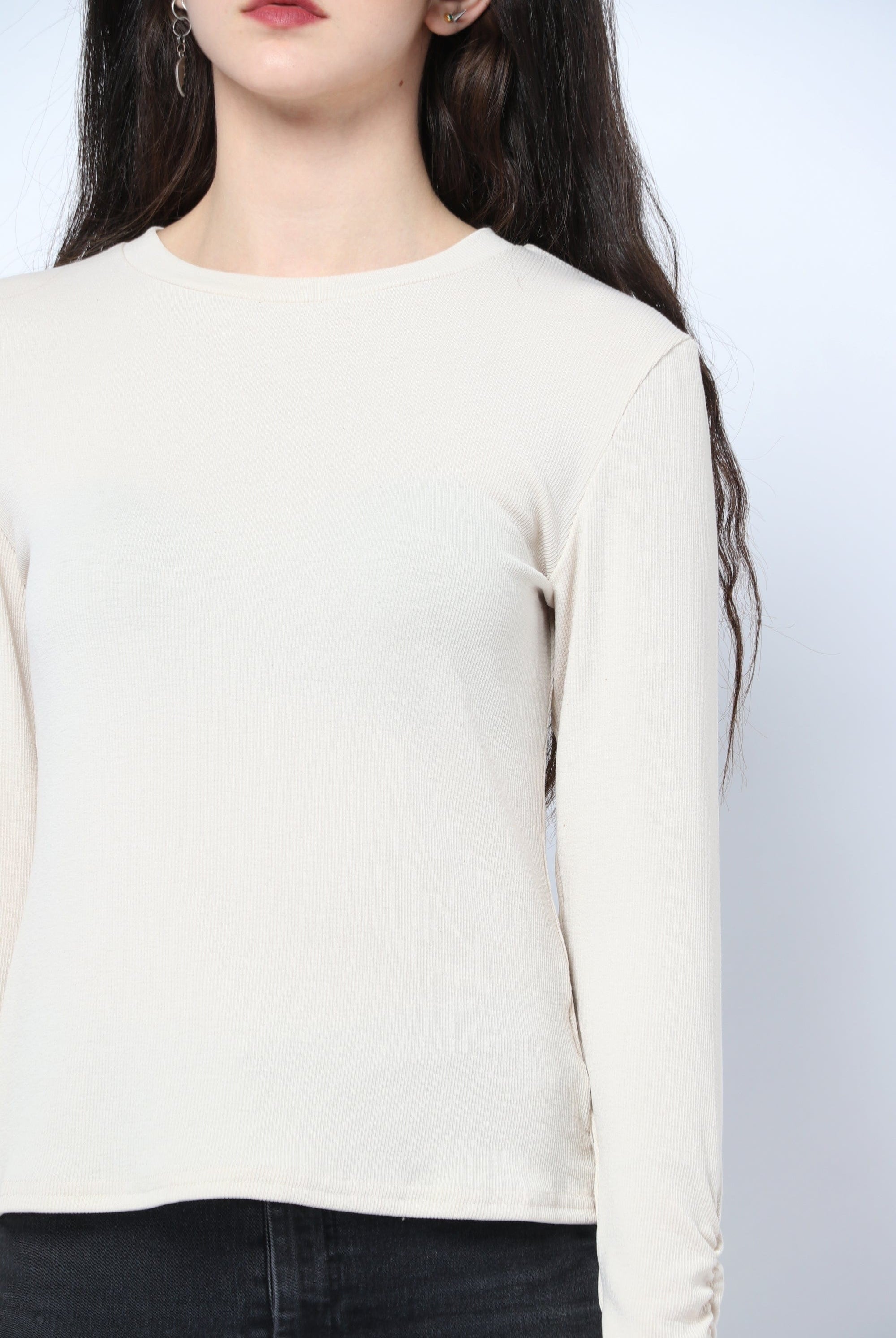 كيتشن بلوزة سادة مضلعة بكم طويل نسائي