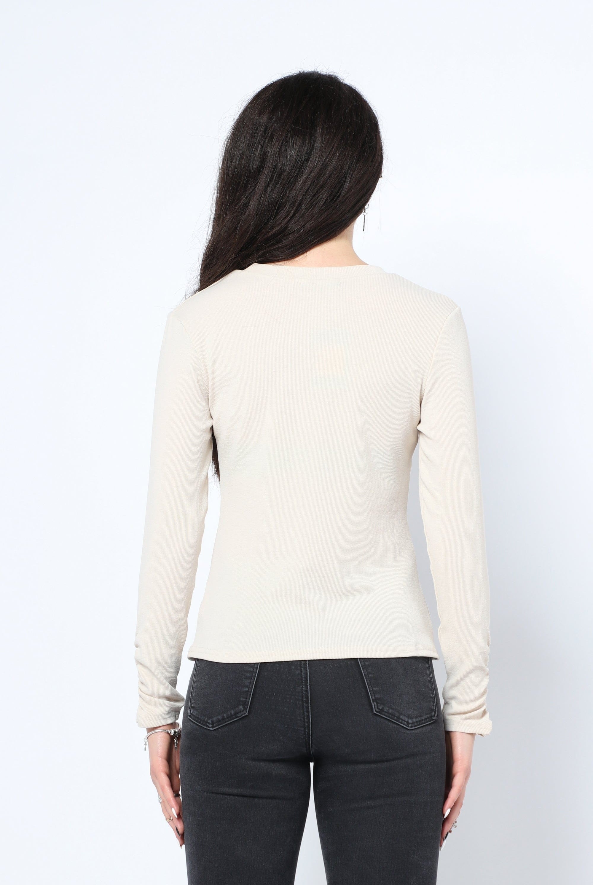 كيتشن بلوزة سادة مضلعة بكم طويل نسائي