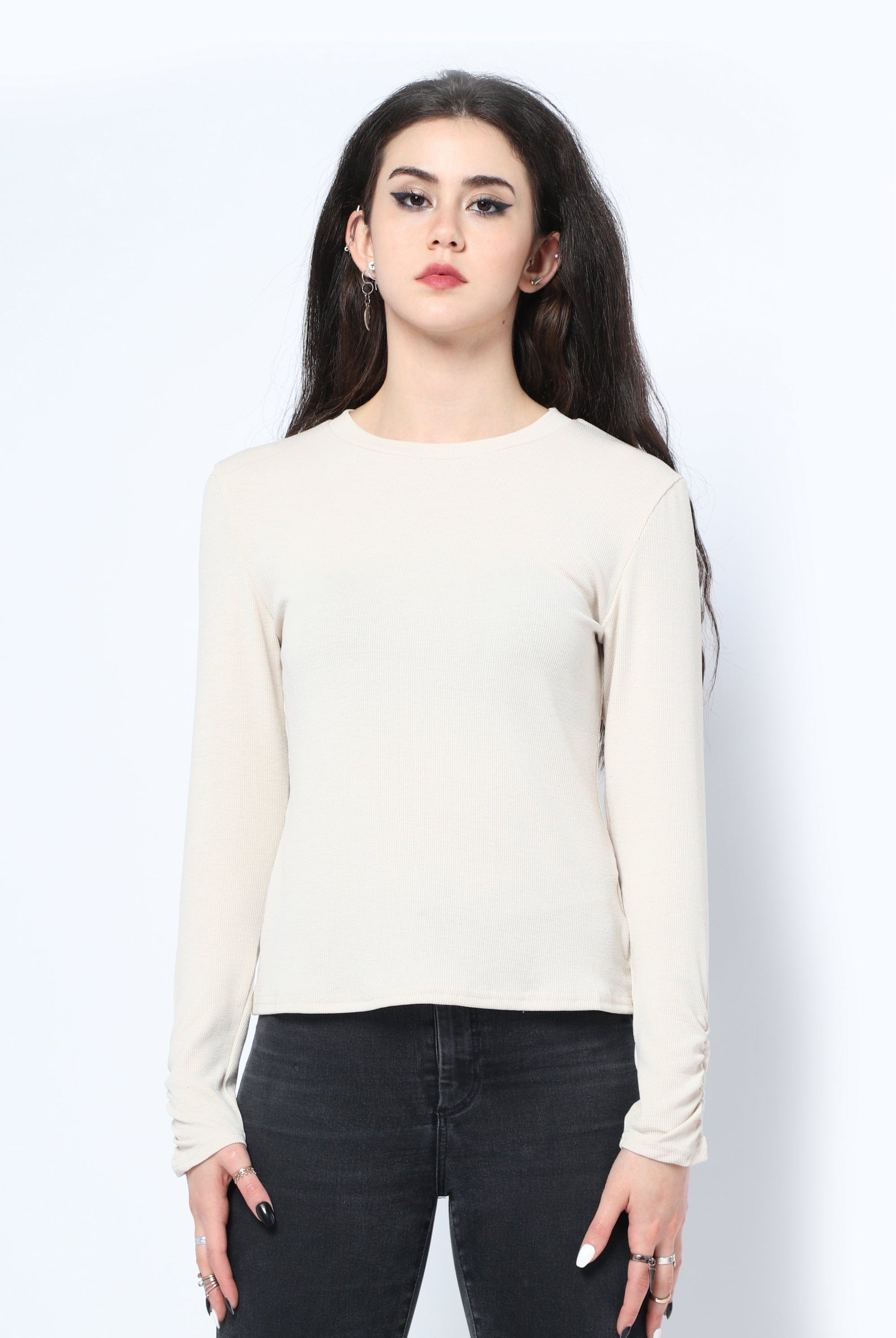 كيتشن بلوزة سادة مضلعة بكم طويل نسائي