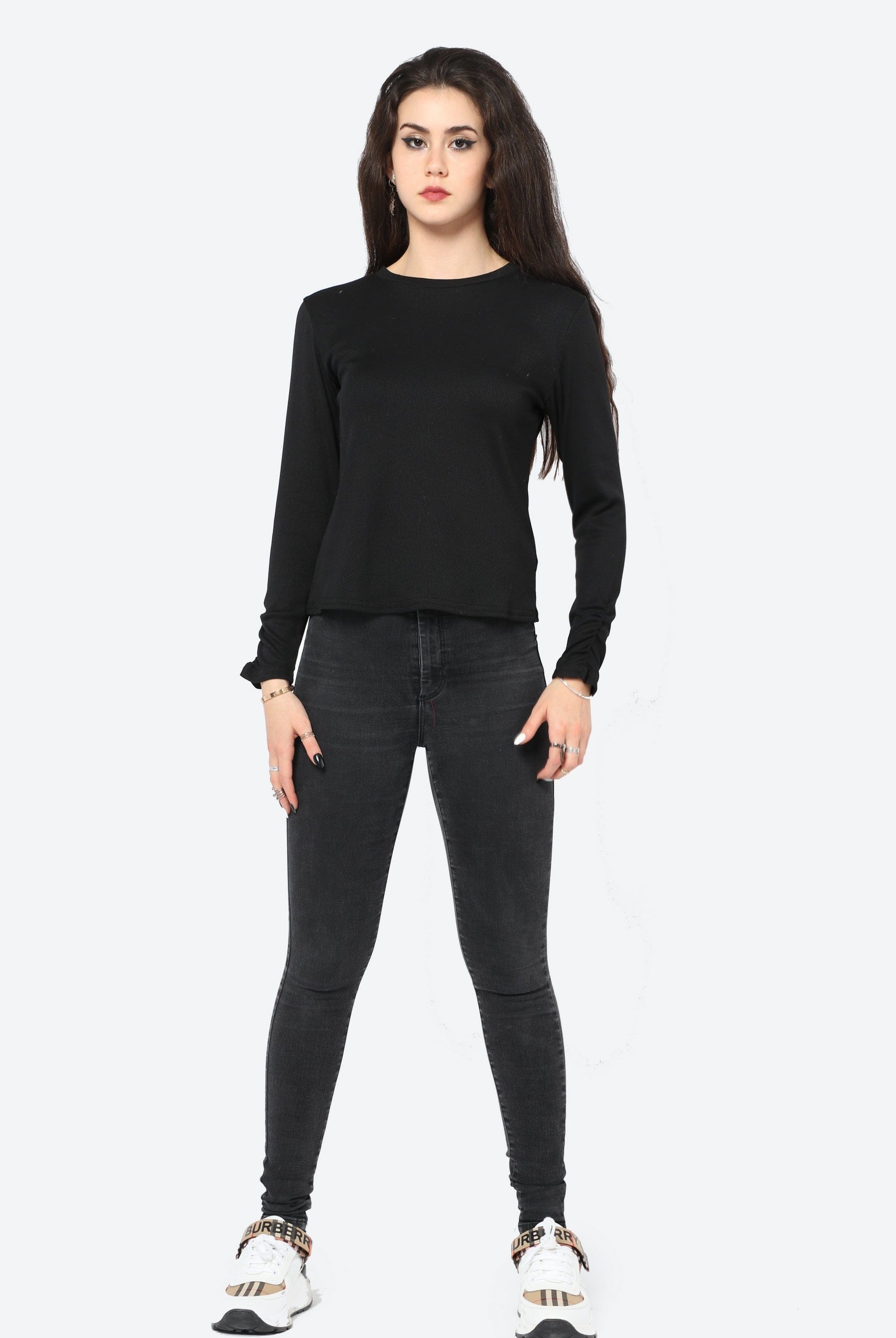 كيتشن بلوزة سادة مضلعة بكم طويل نسائي