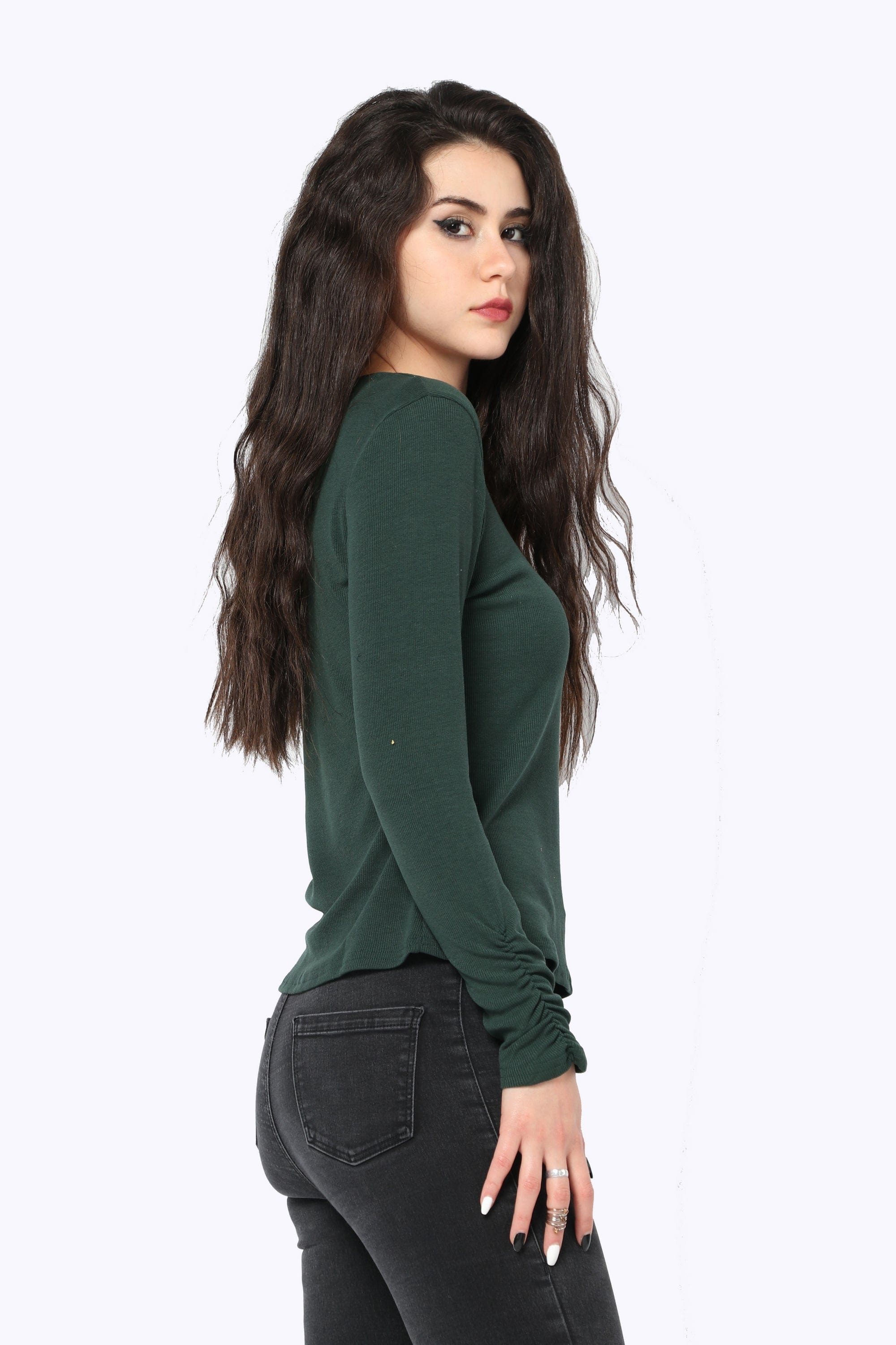 كيتشن بلوزة سادة مضلعة بكم طويل نسائي