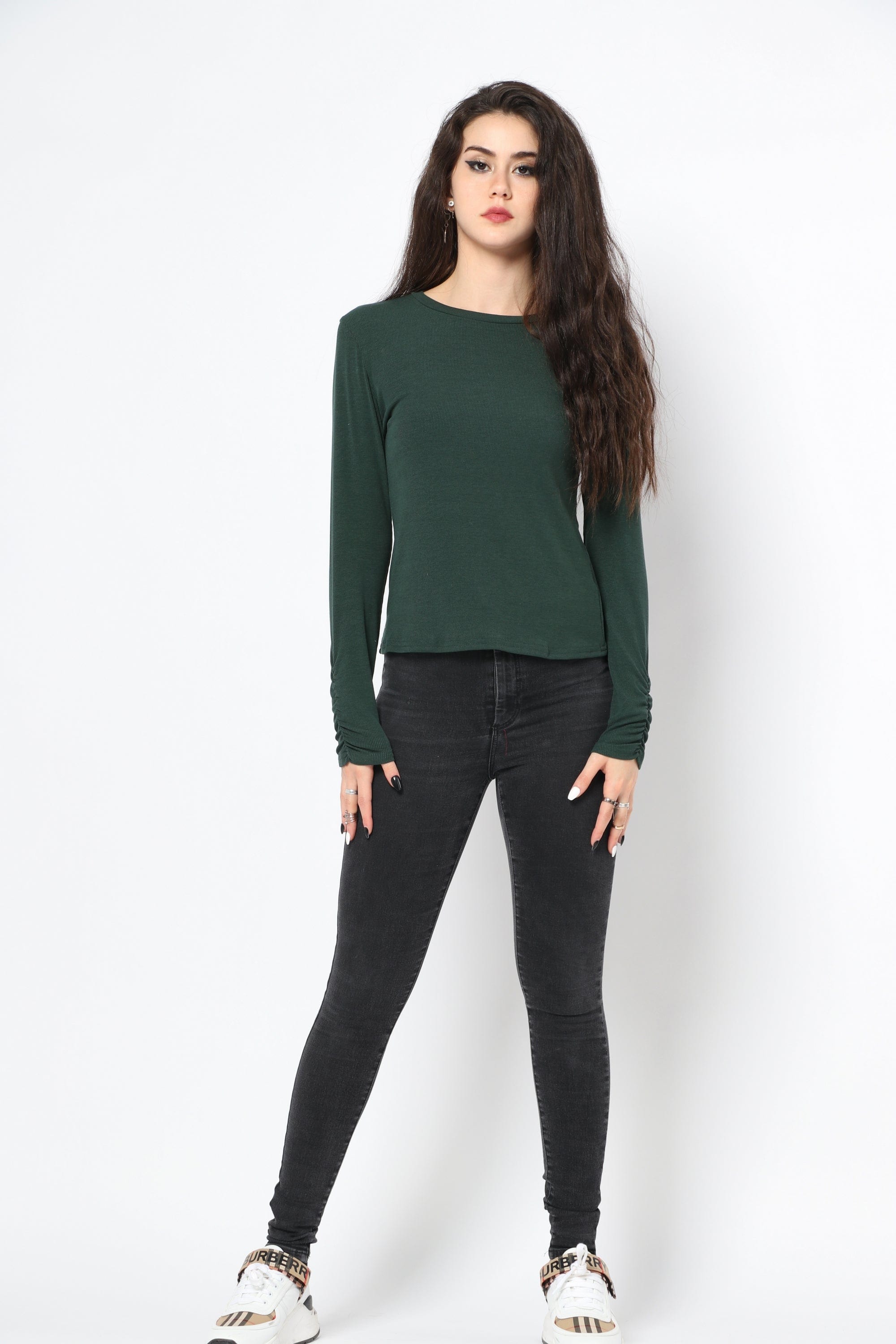 كيتشن بلوزة سادة مضلعة بكم طويل نسائي