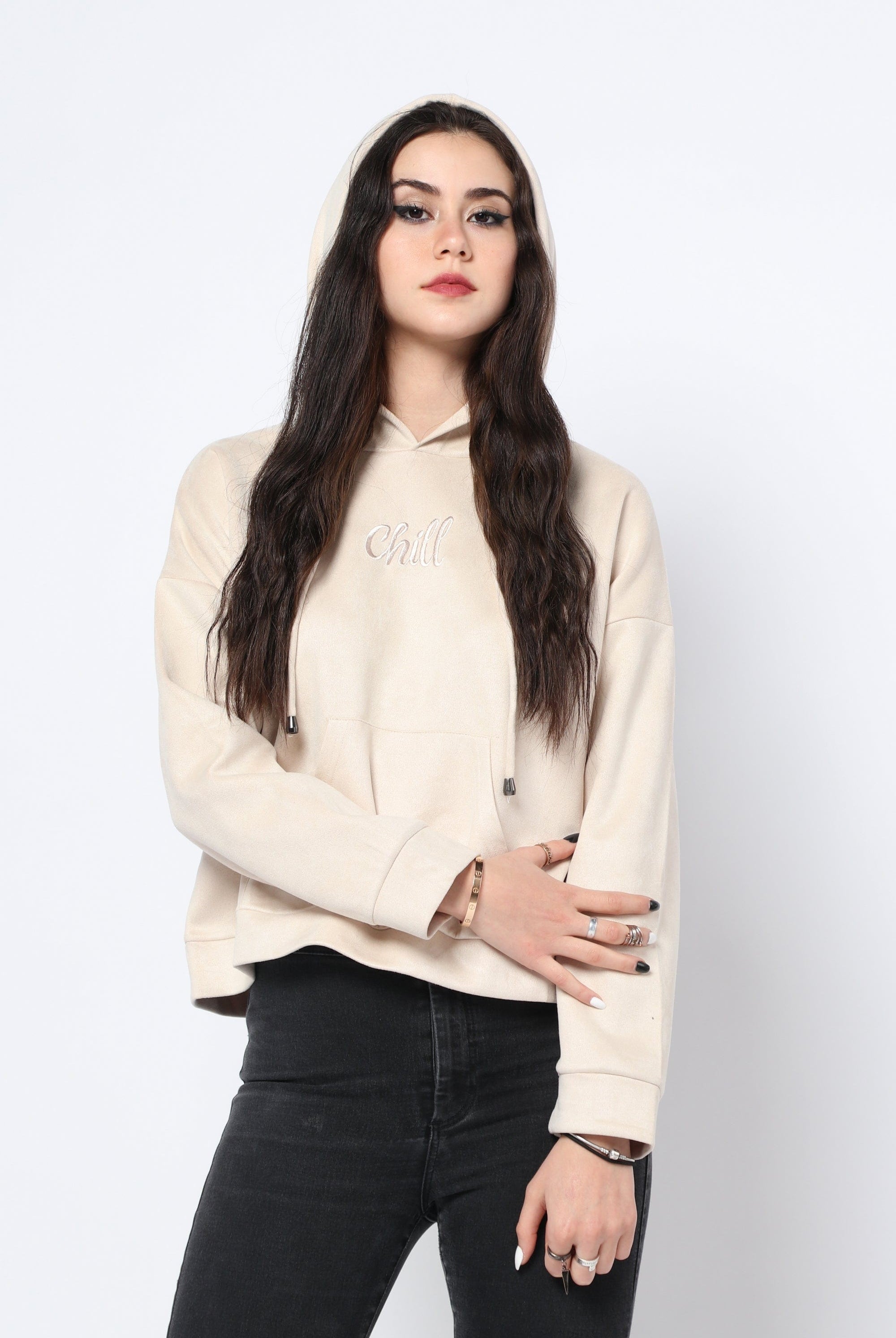 كيتشن بلوزة هودي قطن بقبعة بكم طويل نسائي