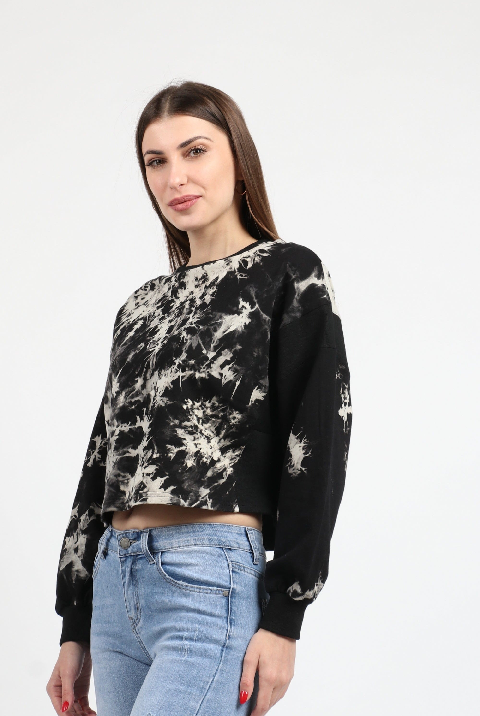 كيتشن بلوزة مصبوعة نص بطن كم طويل نسائي أسود