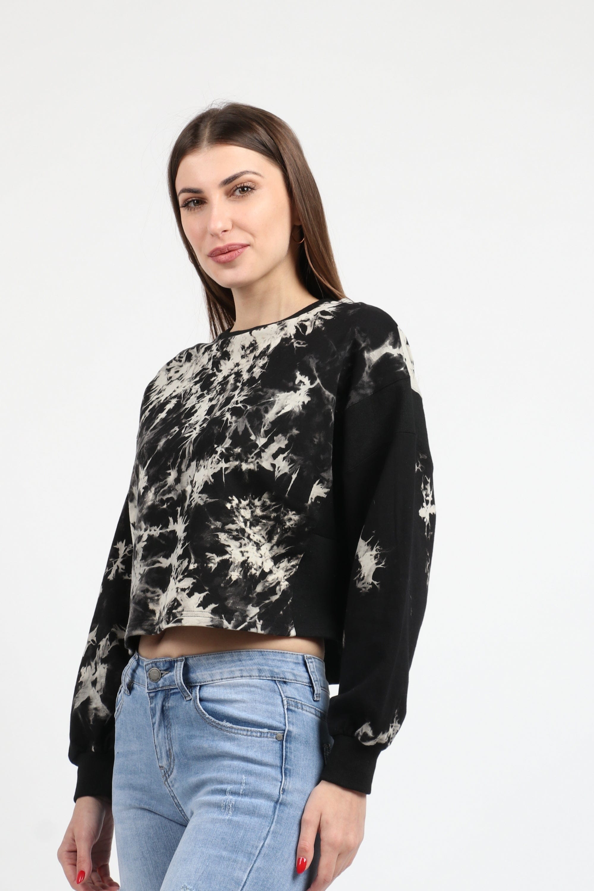 كيتشن بلوزة مصبوعة نص بطن كم طويل نسائي أسود