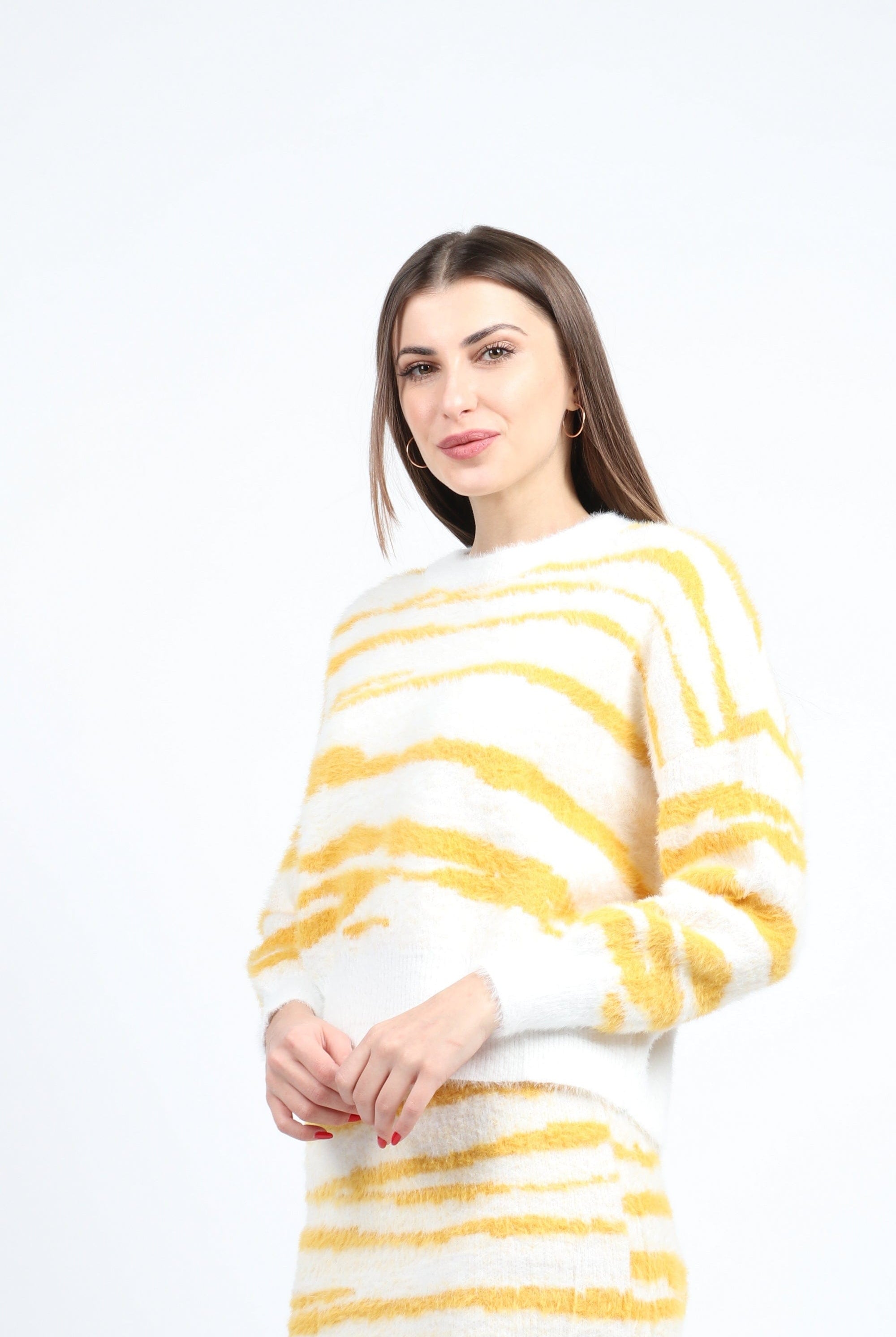 كيتشن بلوزة مخططة عريض ناعمة بكم طويل نسائي أصفر