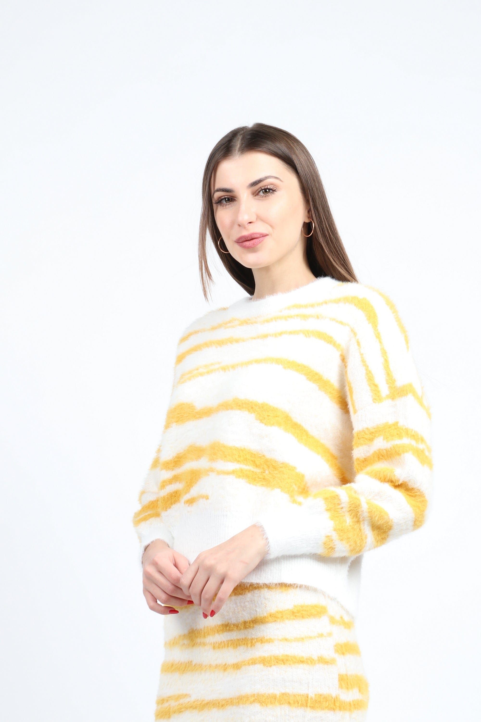 كيتشن بلوزة مخططة عريض ناعمة بكم طويل نسائي أصفر