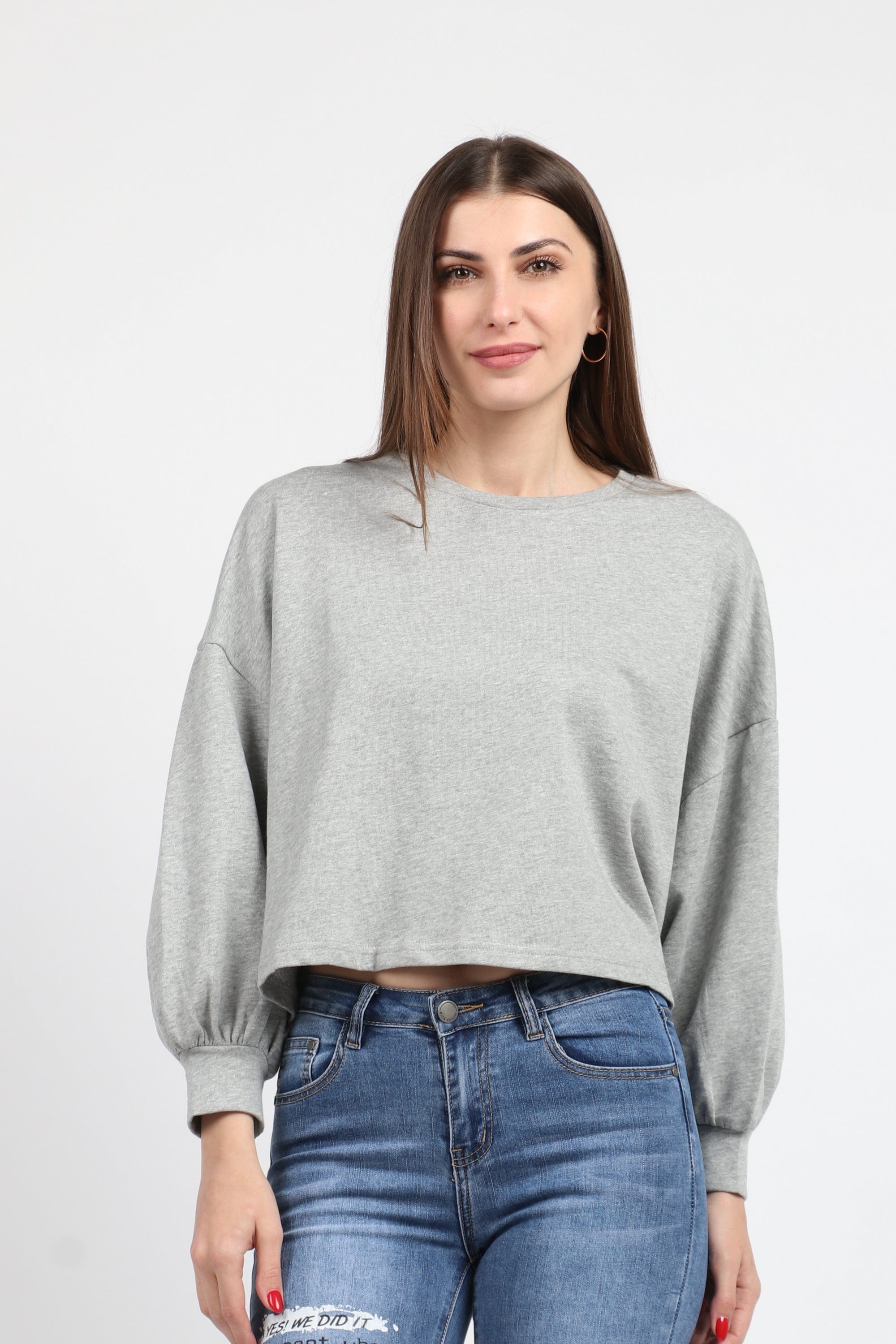 كيتشن بلوزة سادة قطنية بكم طويل منفوخة نسائي