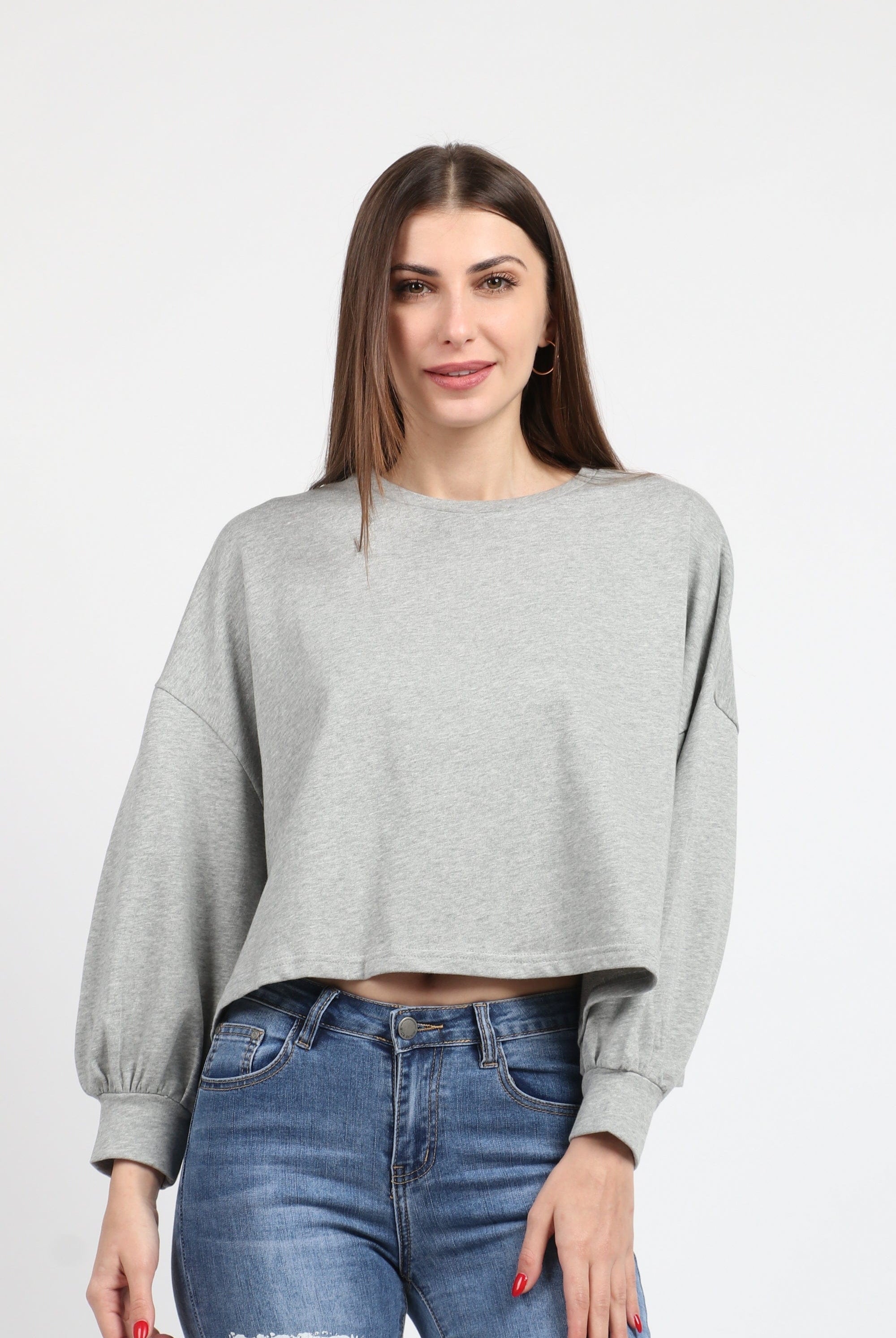 كيتشن بلوزة سادة قطنية بكم طويل منفوخة نسائي