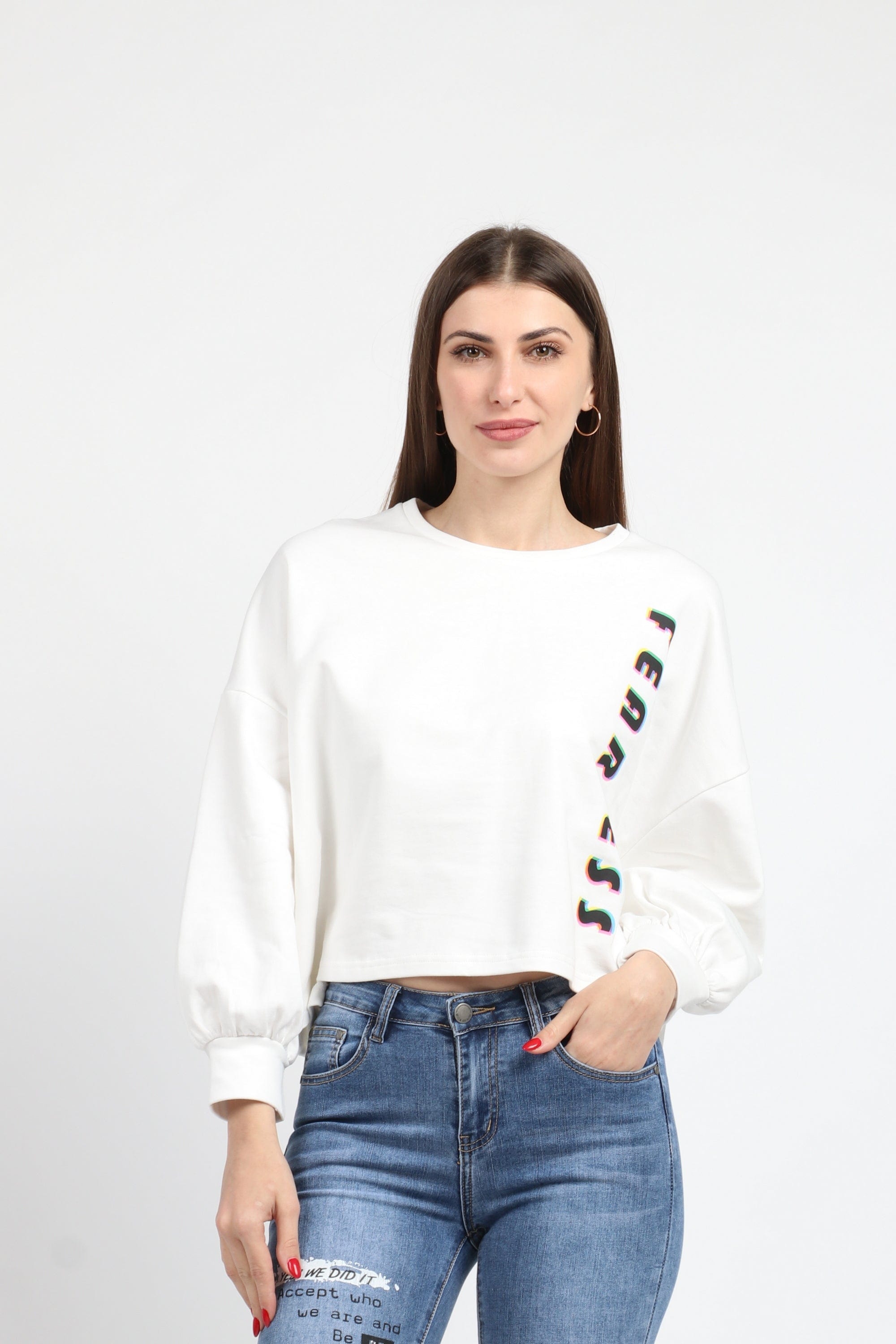 كيتشن بلوزة سادة قطنية بكم طويل منفوخة نسائي