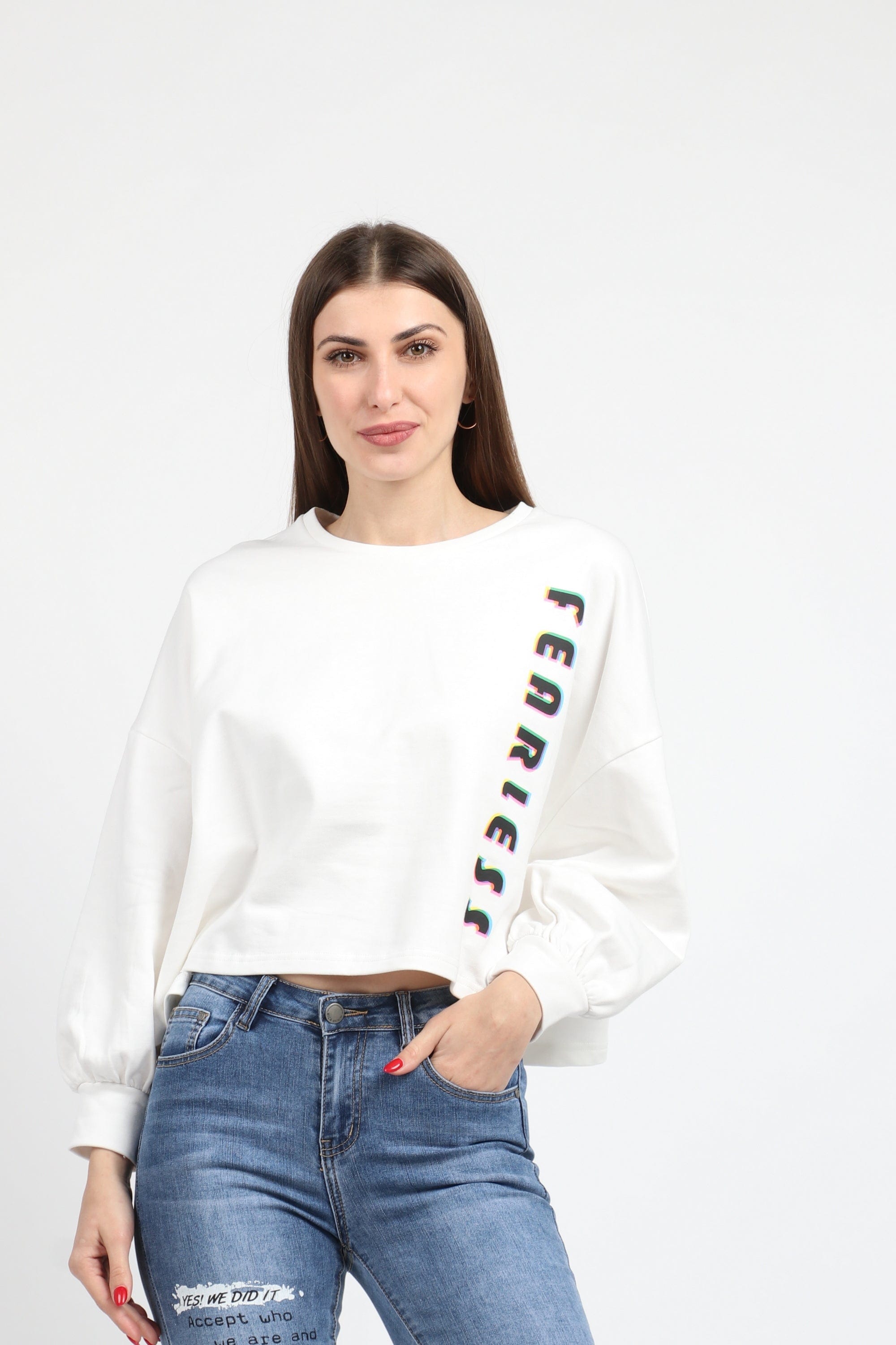 كيتشن بلوزة سادة قطنية بكم طويل منفوخة نسائي