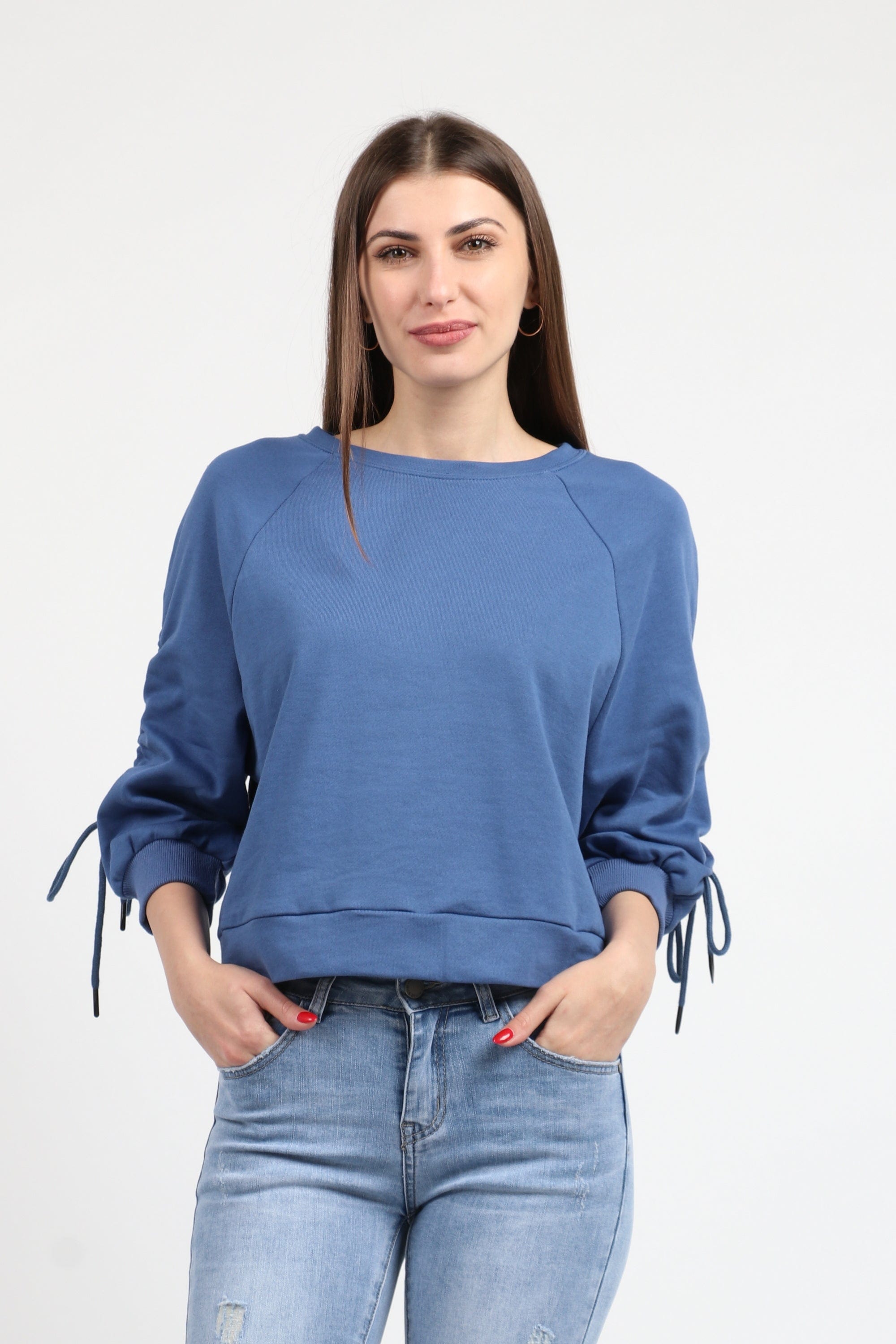 كيتشن بلوزة قطنية بكم طويل بربطات من الاكمام نسائي