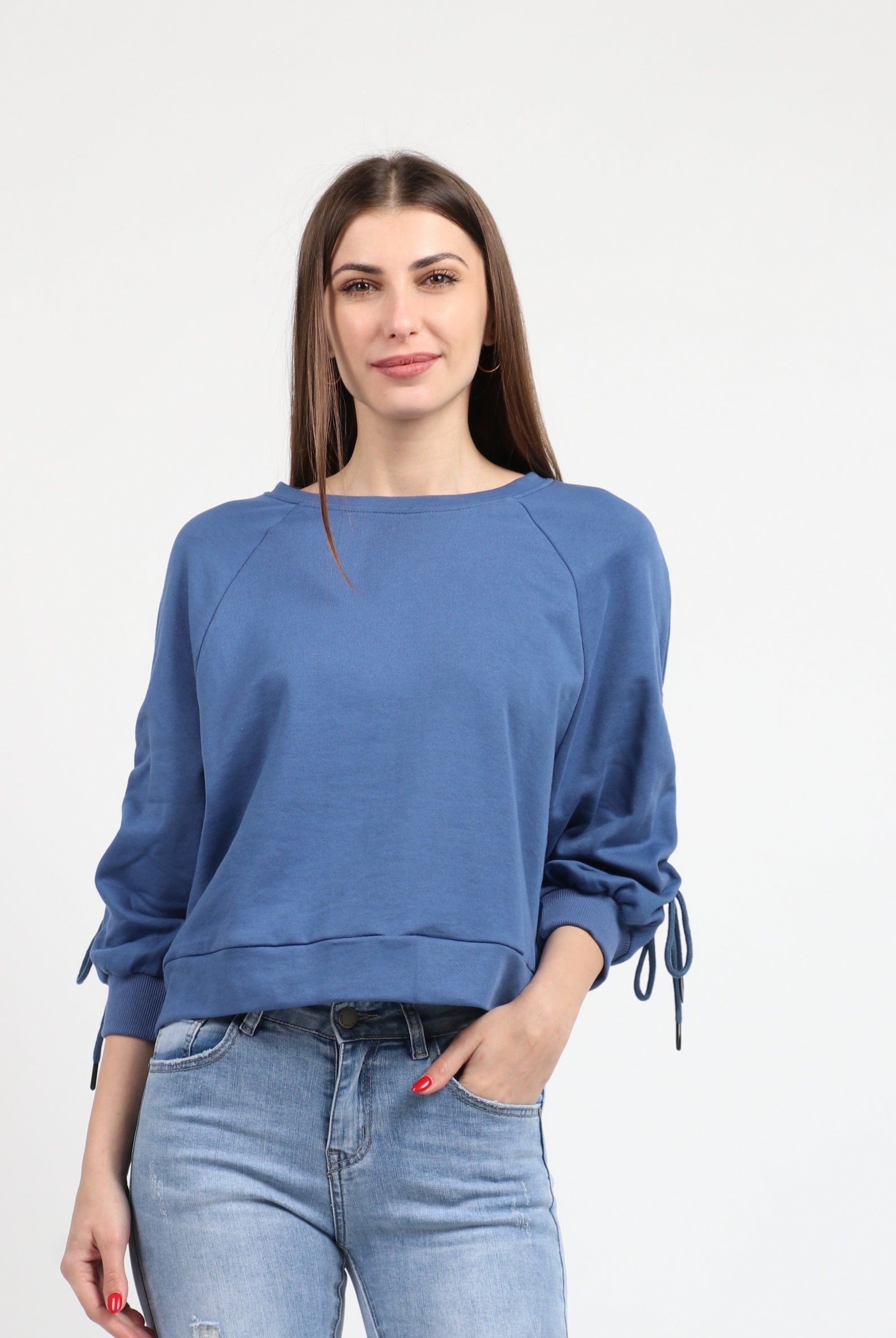 كيتشن بلوزة قطنية بكم طويل بربطات من الاكمام نسائي