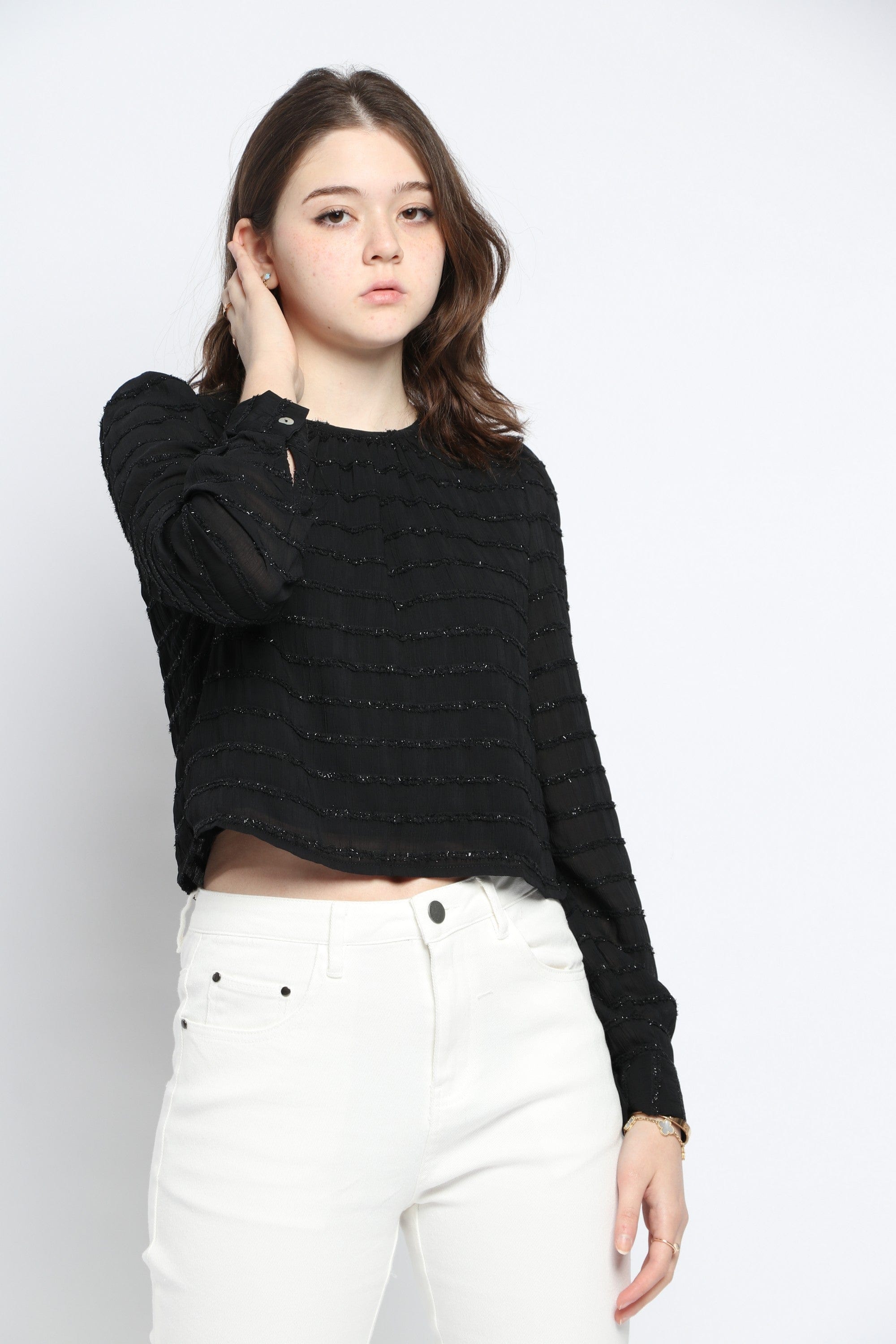 كيتشن بلوزة مخططة بالعرض لامعة كم طويل نسائي