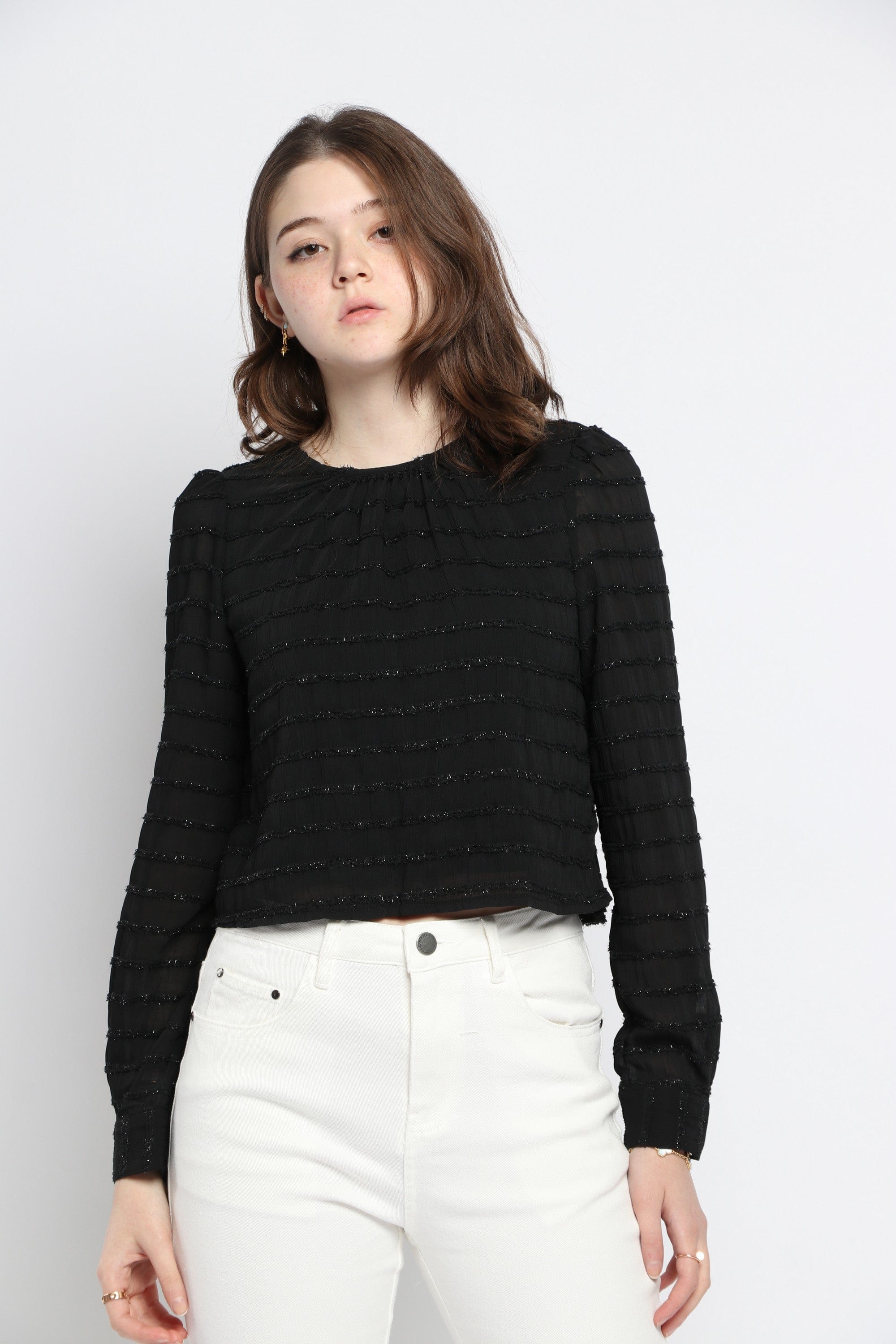 كيتشن بلوزة مخططة بالعرض لامعة كم طويل نسائي