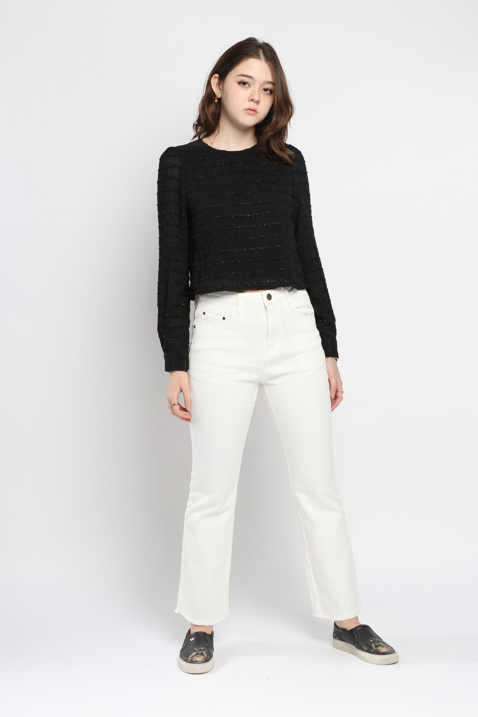 كيتشن بلوزة مخططة بالعرض لامعة كم طويل نسائي