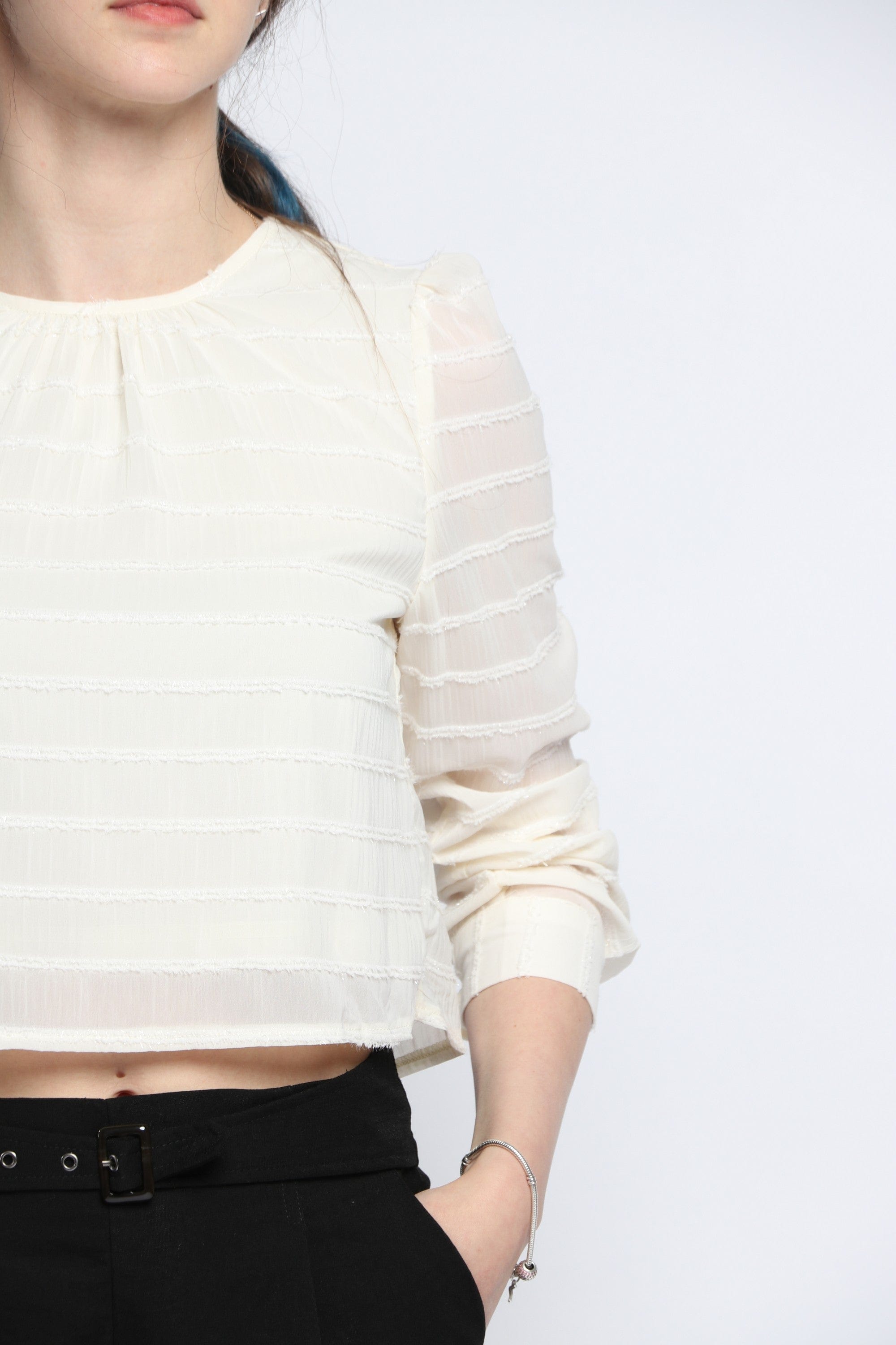 كيتشن بلوزة مخططة بالعرض لامعة كم طويل نسائي