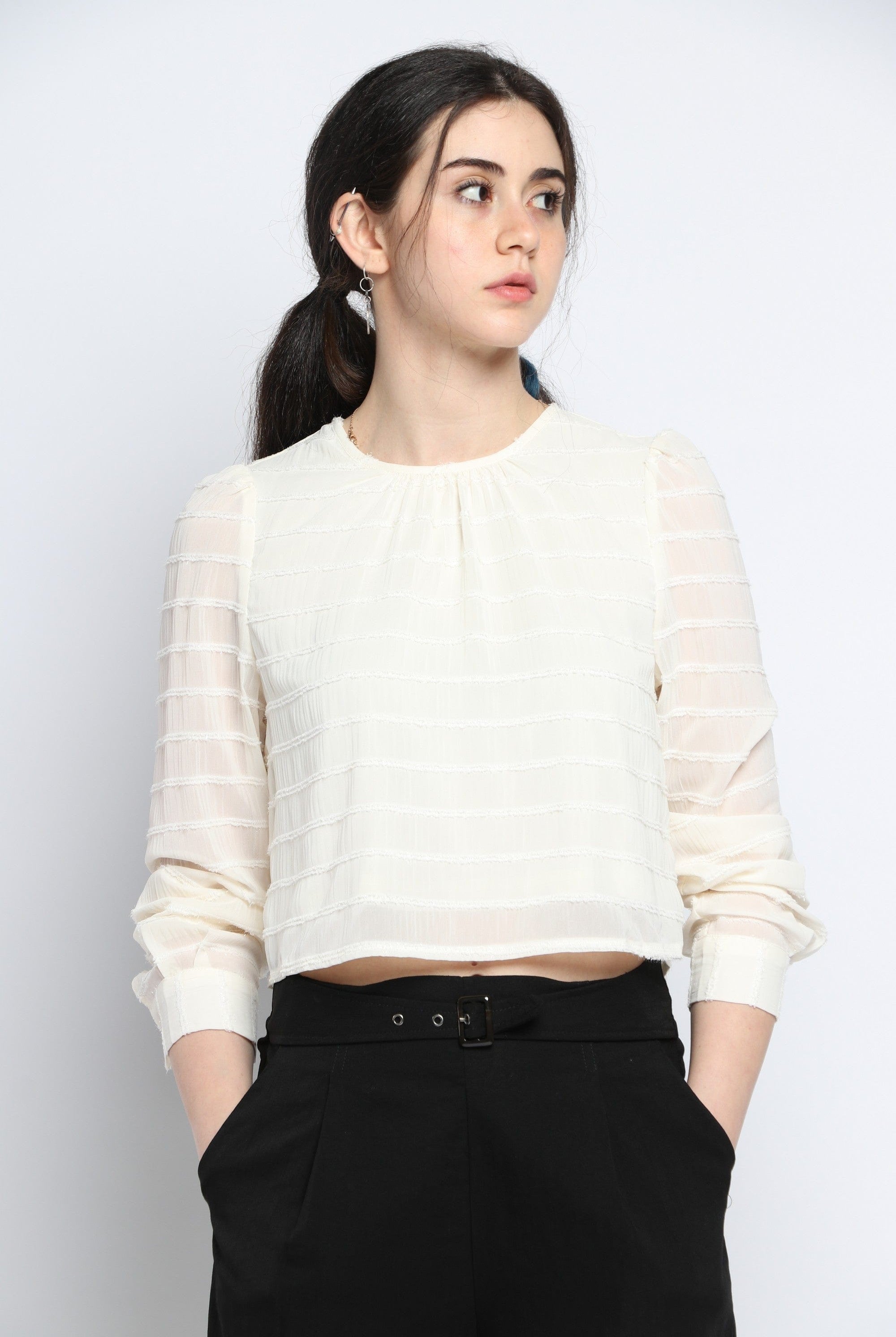 كيتشن بلوزة مخططة بالعرض لامعة كم طويل نسائي