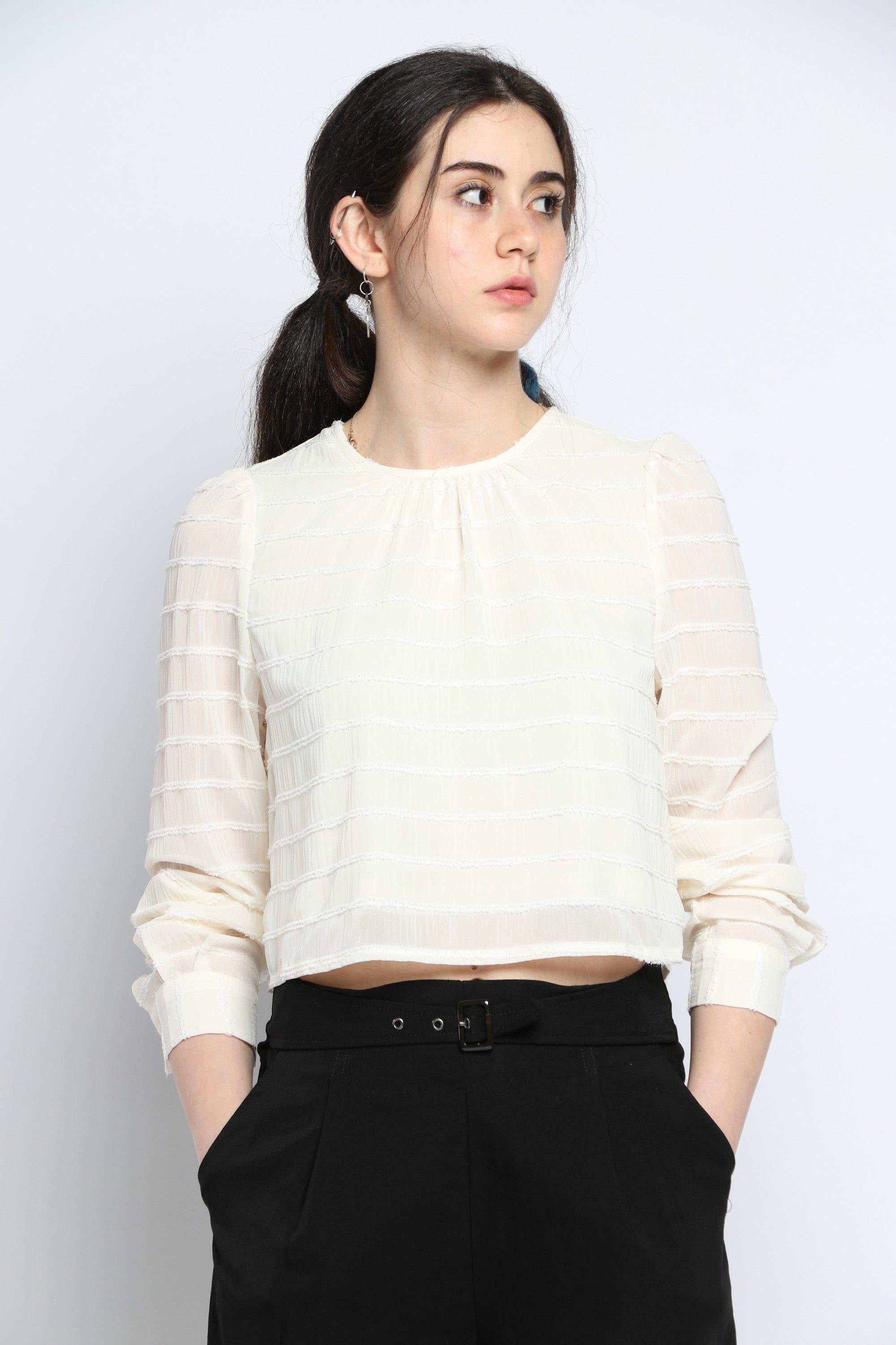 كيتشن بلوزة مخططة بالعرض لامعة كم طويل نسائي