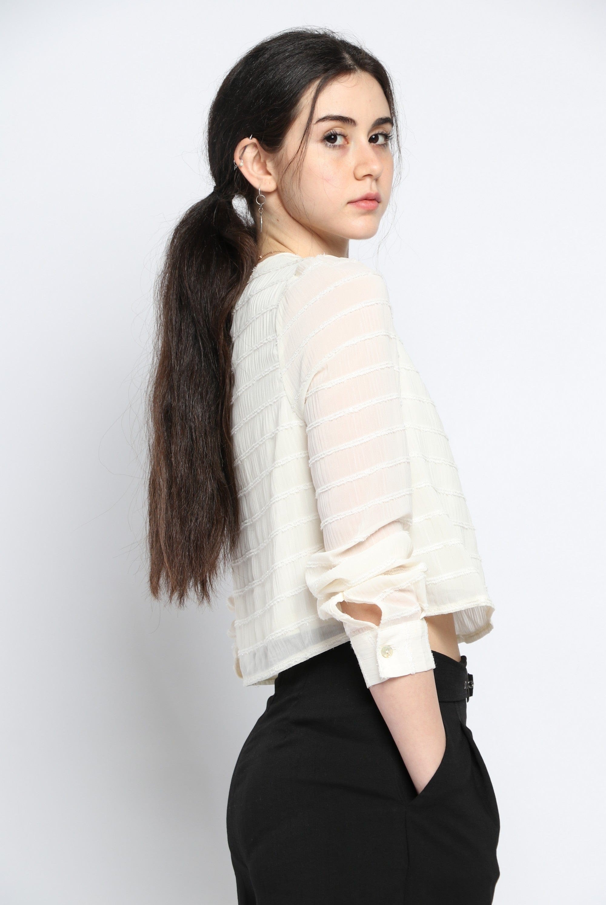 كيتشن بلوزة مخططة بالعرض لامعة كم طويل نسائي