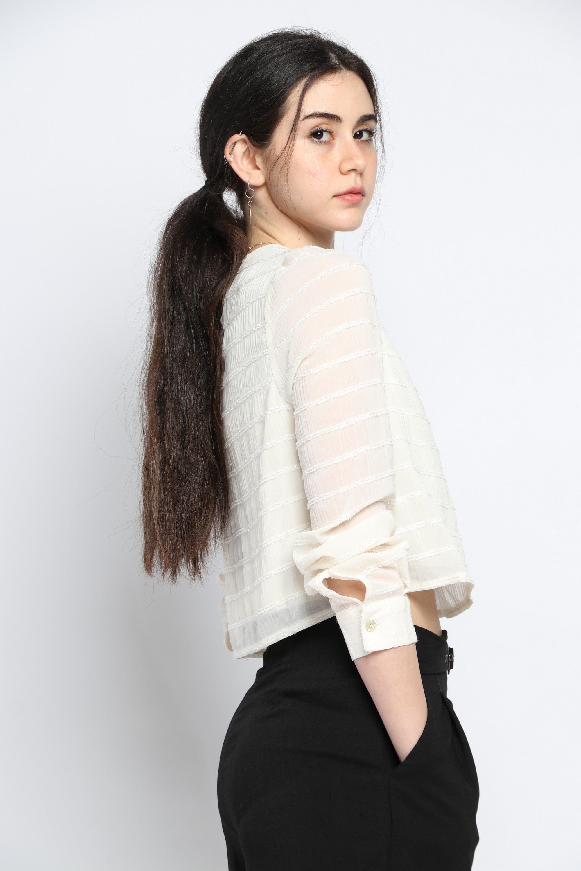 كيتشن بلوزة مخططة بالعرض لامعة كم طويل نسائي