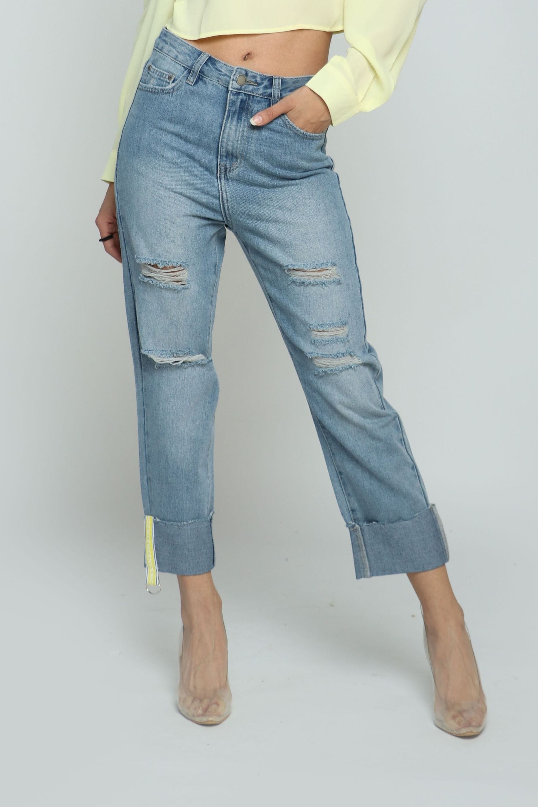 كيتشن بنطلون مقطع هاي ويست بجيوب وسحاب وزرار أمامي نسائي