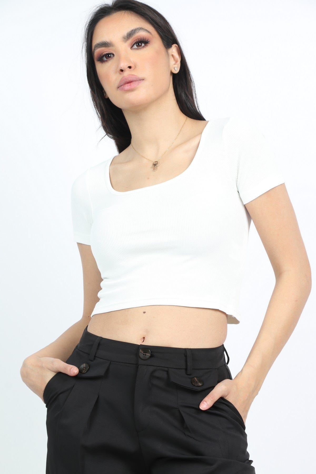 كيتشن بلوزة نص بطن كم قصير سادة نسائية