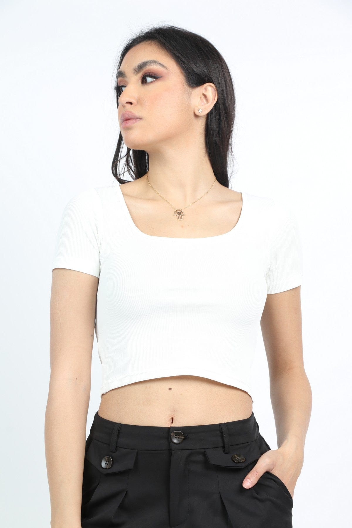 كيتشن بلوزة نص بطن كم قصير سادة نسائية