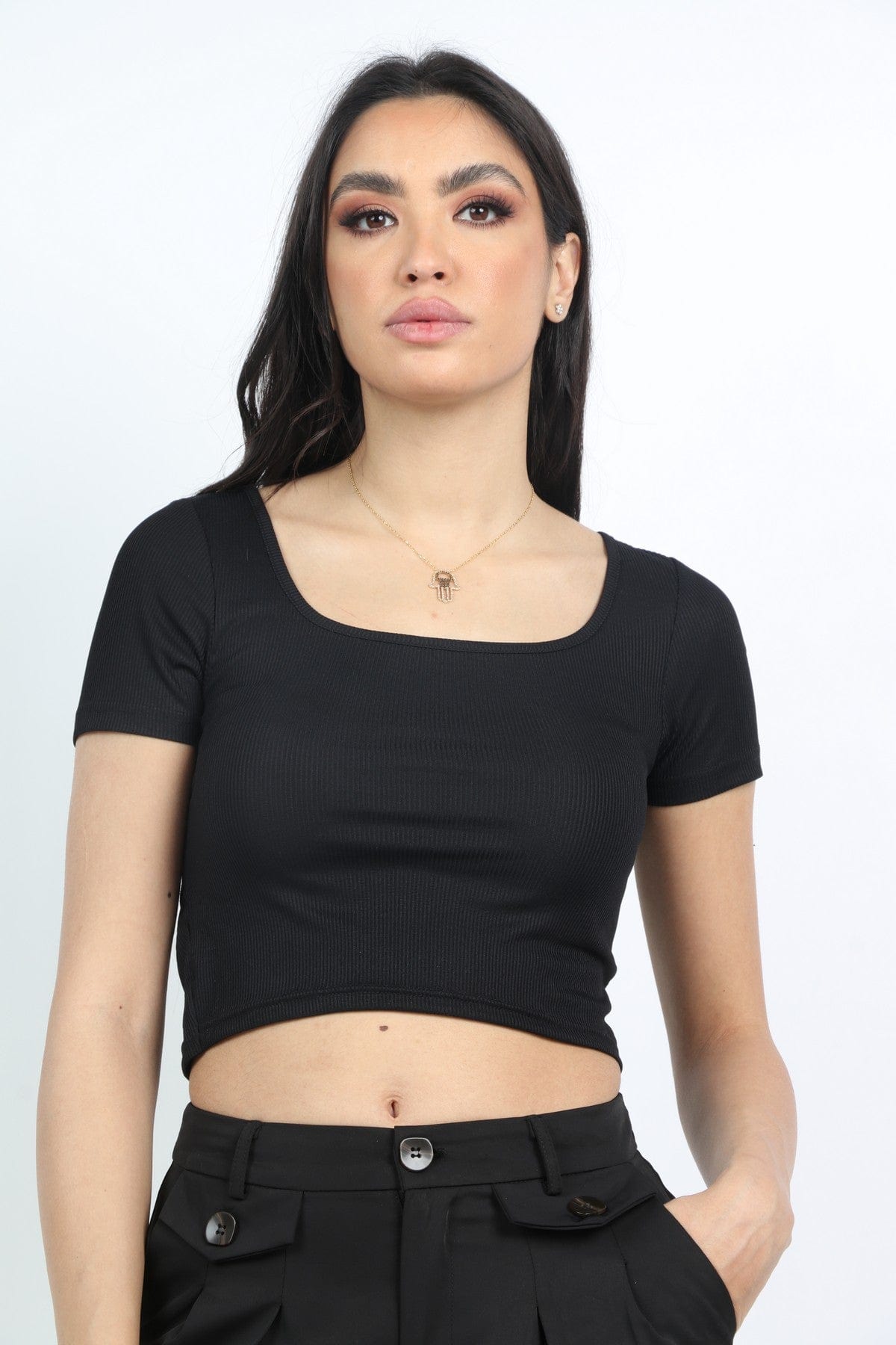 كيتشن بلوزة نص بطن كم قصير سادة نسائية