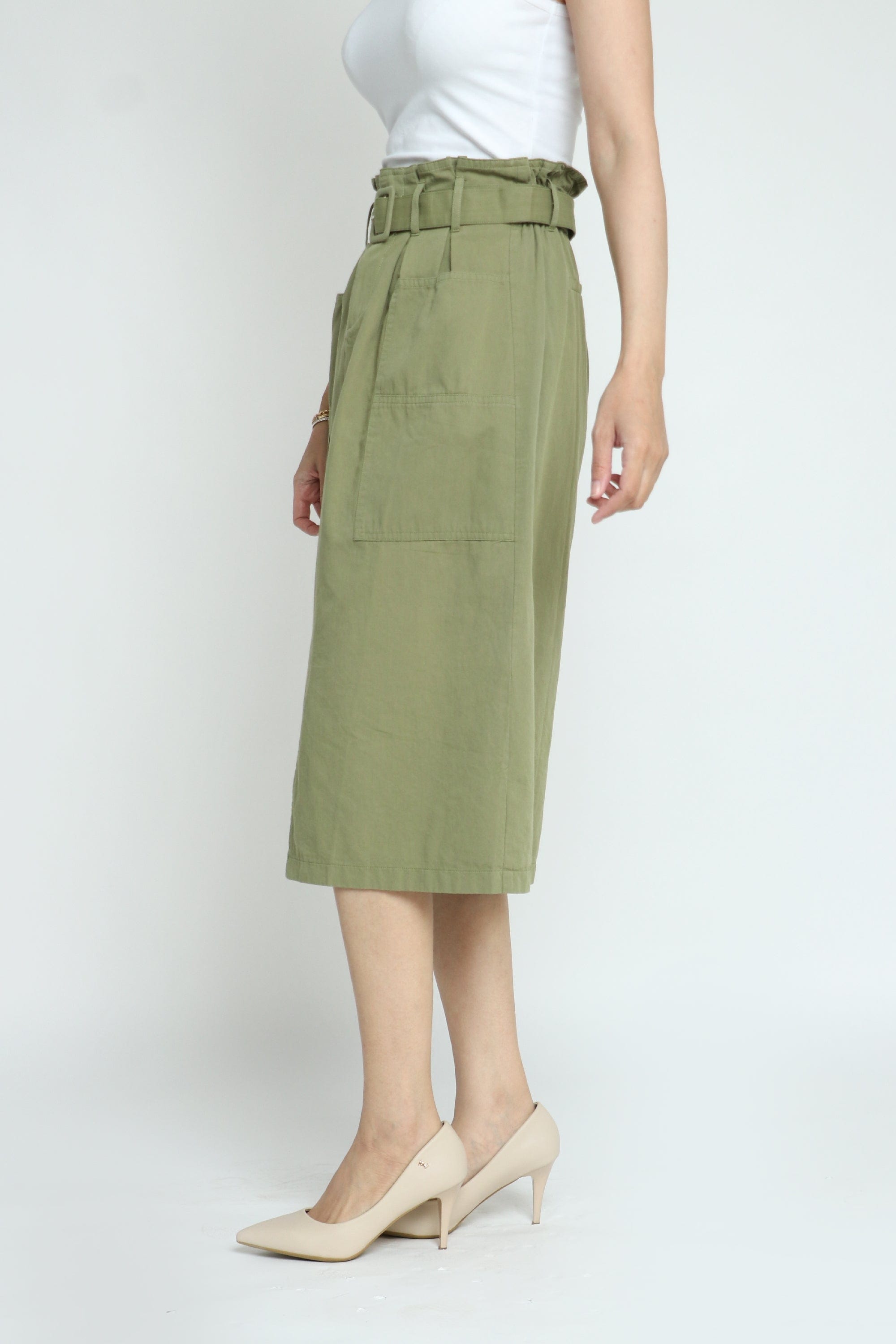 كيتشن تنورة ميدي قطن كاجوال بجيوب كبيرة وحزام وفتحة أمامية