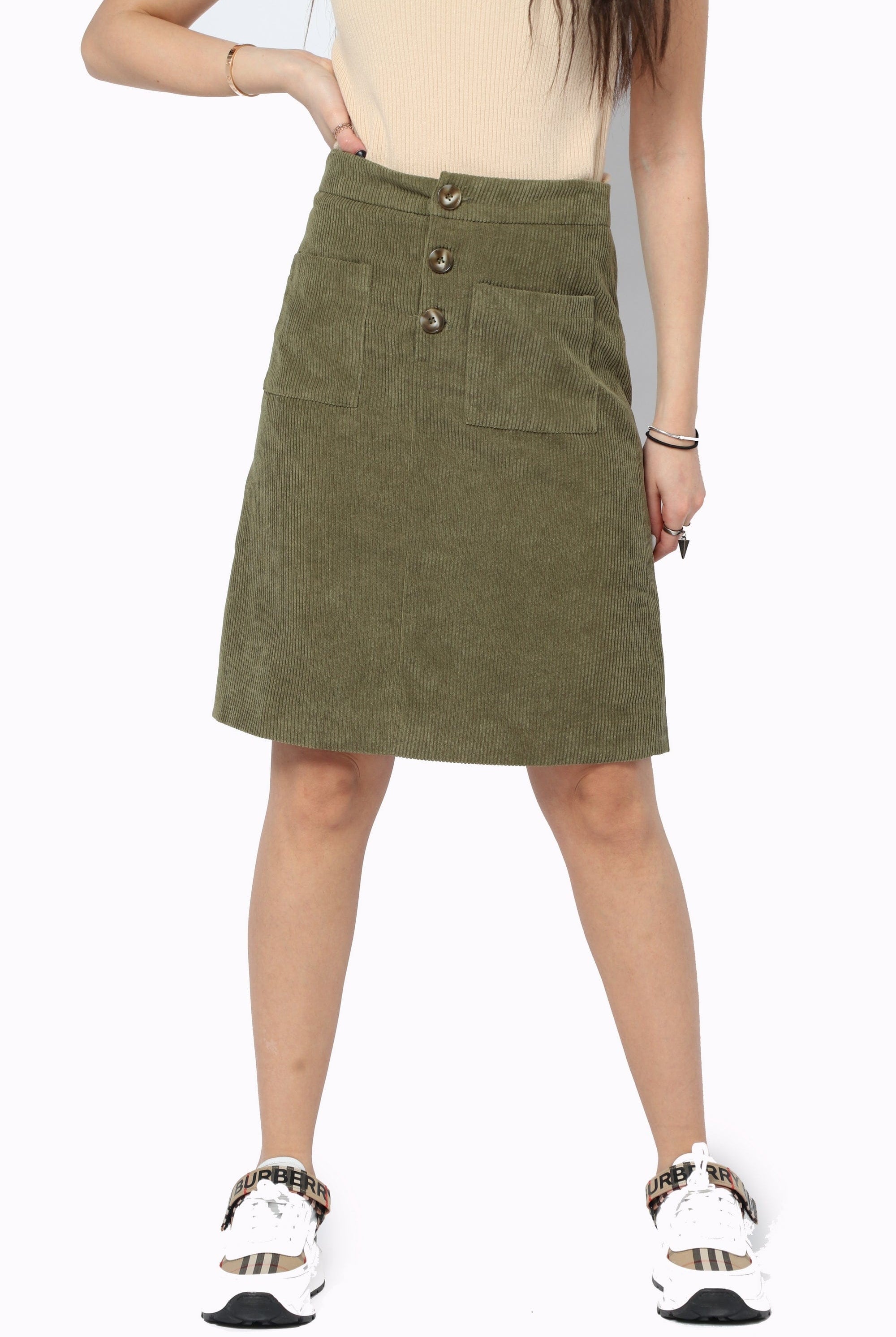 كيتشن تنورة قصيرة قطيفة مضلع بجيوب امامية أخضر جيشي