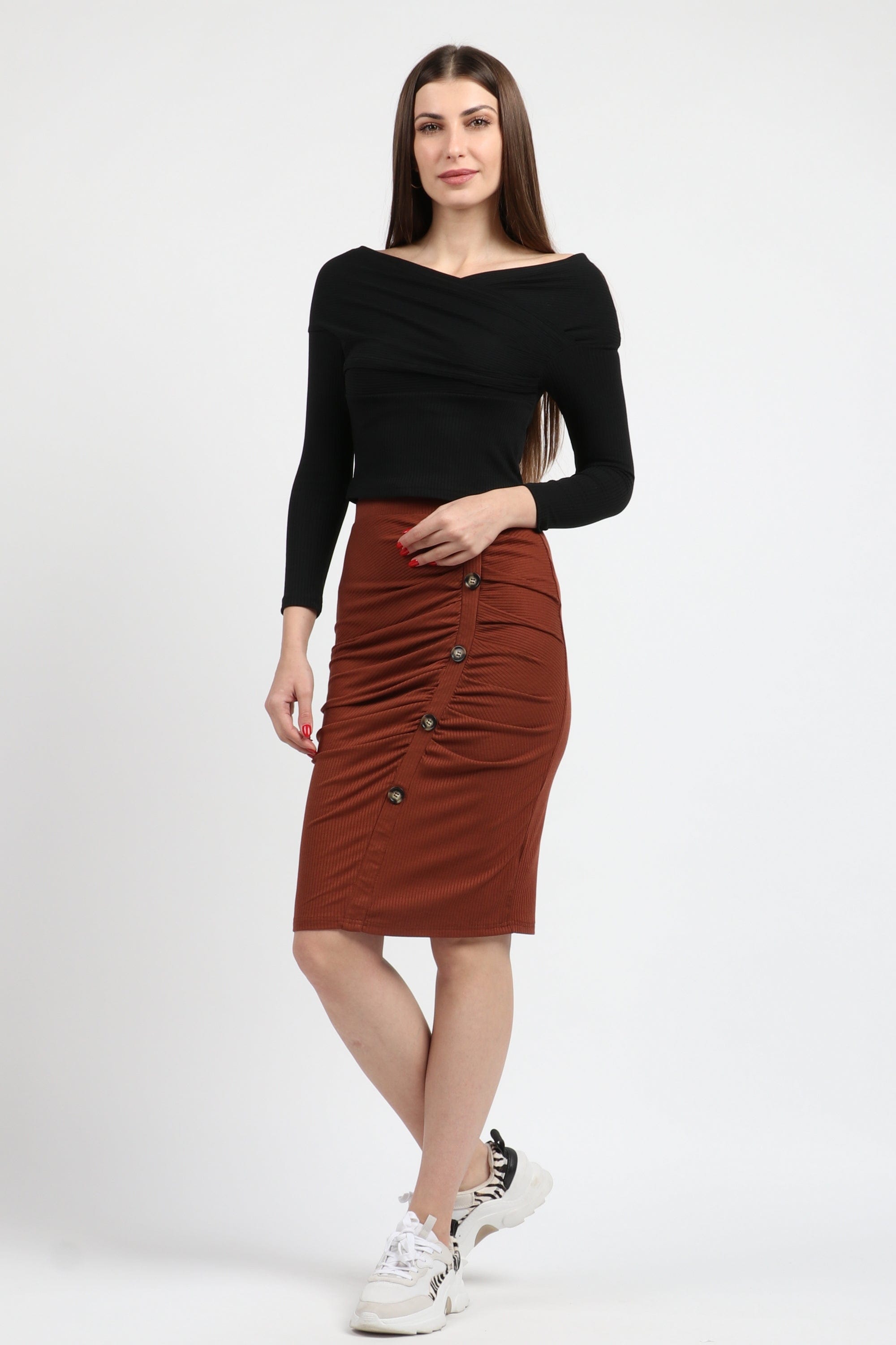 كيتشن تنورة ميدي للركبة سكيني بزراير أمامية