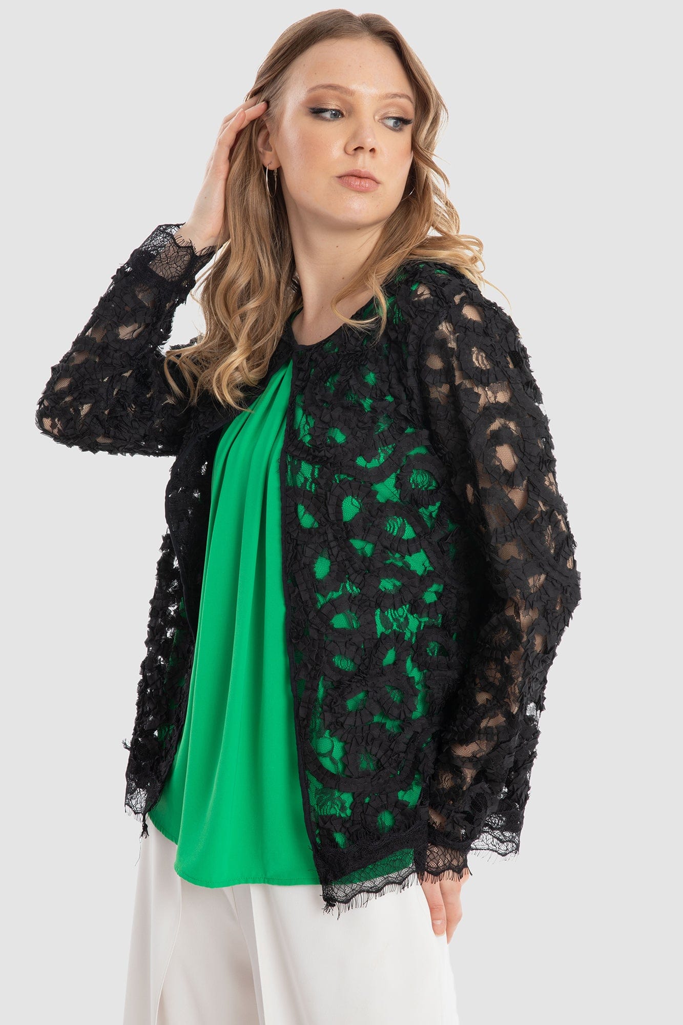 داليدرس جاكيت منقوش شفاف كم طويل نسائي أسود