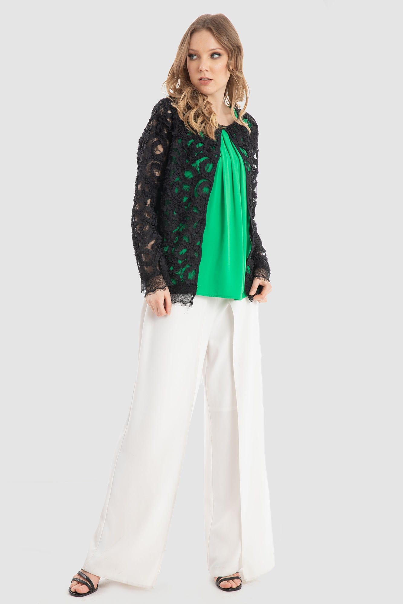 داليدرس جاكيت منقوش شفاف كم طويل نسائي أسود