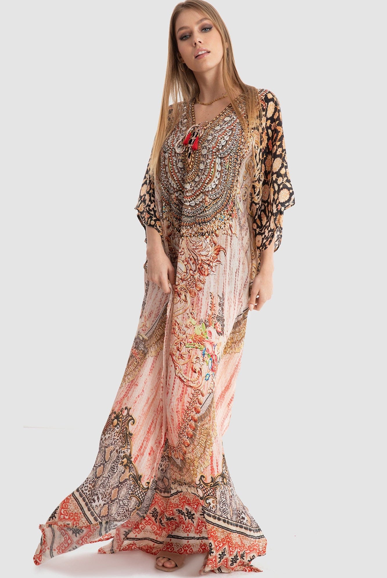 داليدرس قفطان منقوش واسع طويل نسائي وردي/أسود