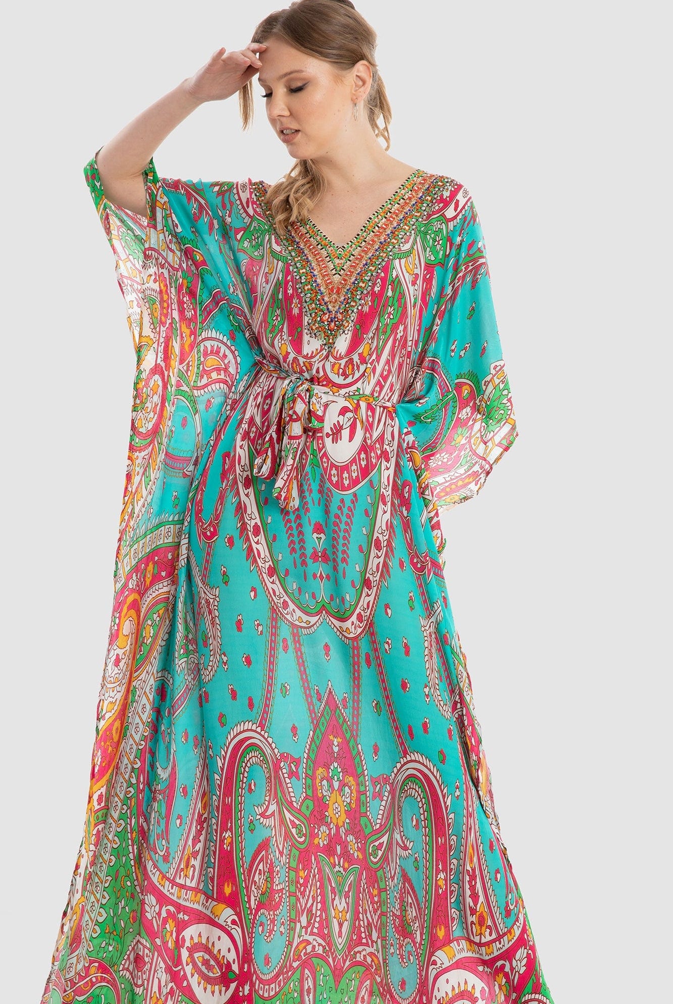 داليدرس قفطان منقوش واسع 3/4 كم برباط نسائي أكوا/برتقالي