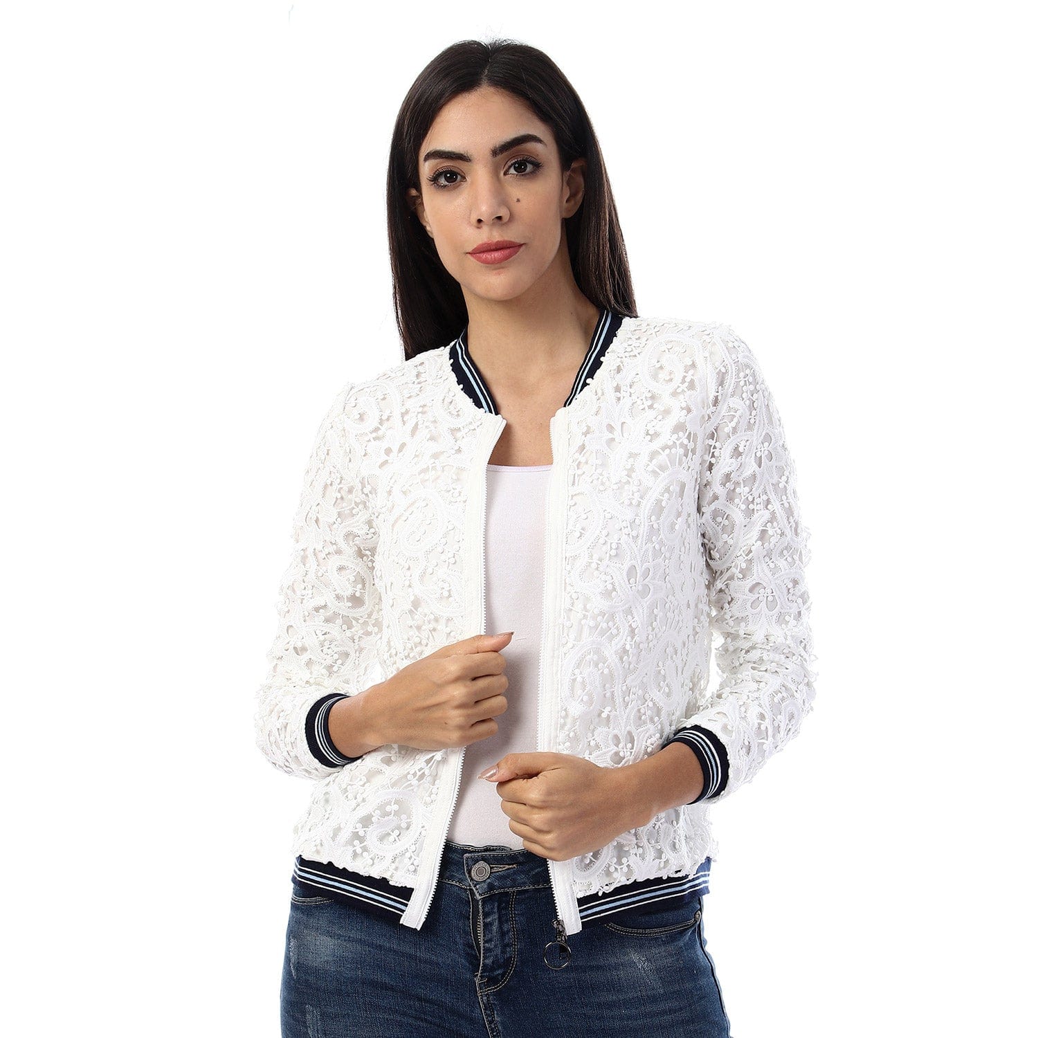 داليدرس جاكيت مخرم كم طويل مزين بالكرات نسائي أبيض/كحلي