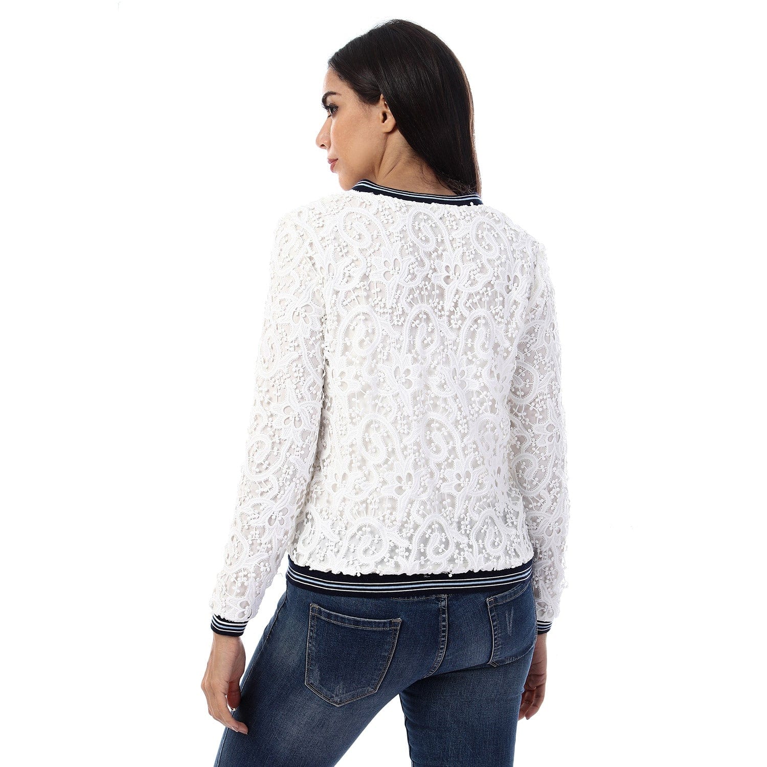 داليدرس جاكيت مخرم كم طويل مزين بالكرات نسائي أبيض/كحلي