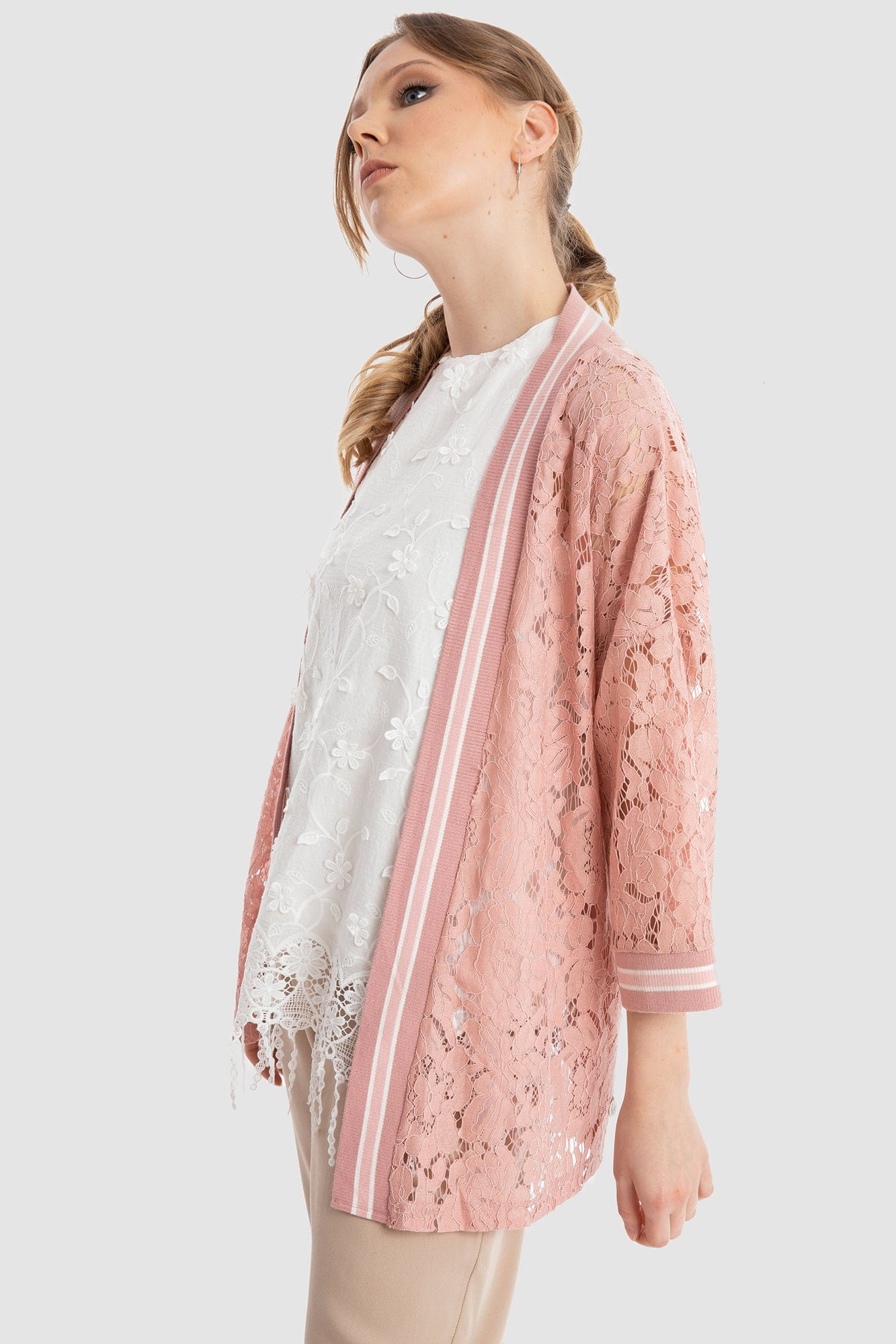 داليدرس كيمونو دانتيل برباط على الخصر 3/4 كم نسائي وردي