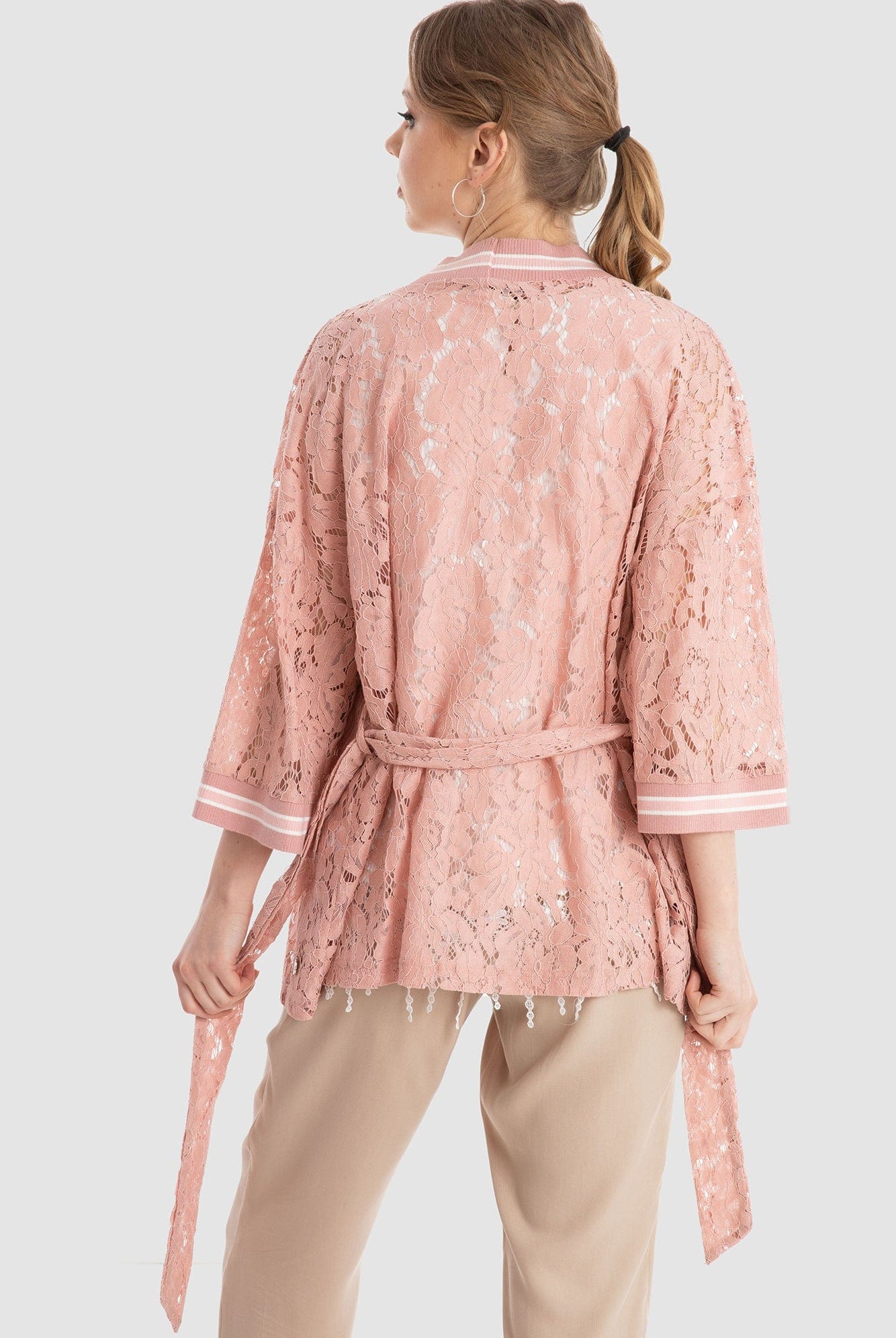 داليدرس كيمونو دانتيل برباط على الخصر 3/4 كم نسائي وردي