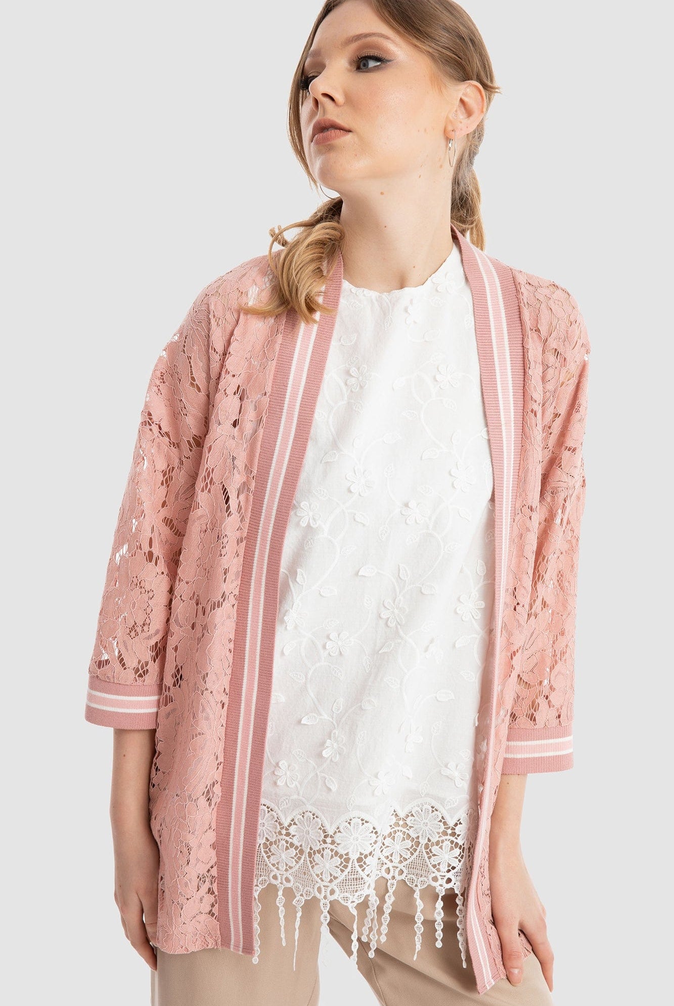 داليدرس كيمونو دانتيل برباط على الخصر 3/4 كم نسائي وردي