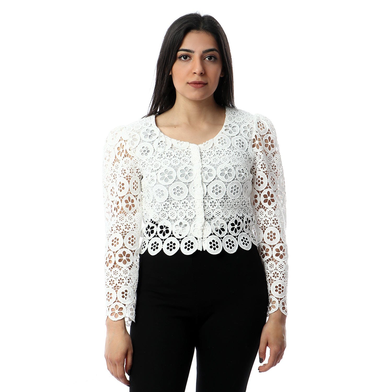 داليدرس جاكيت خصر مرتفع مخرم كم طويل نسائي أوف وايت