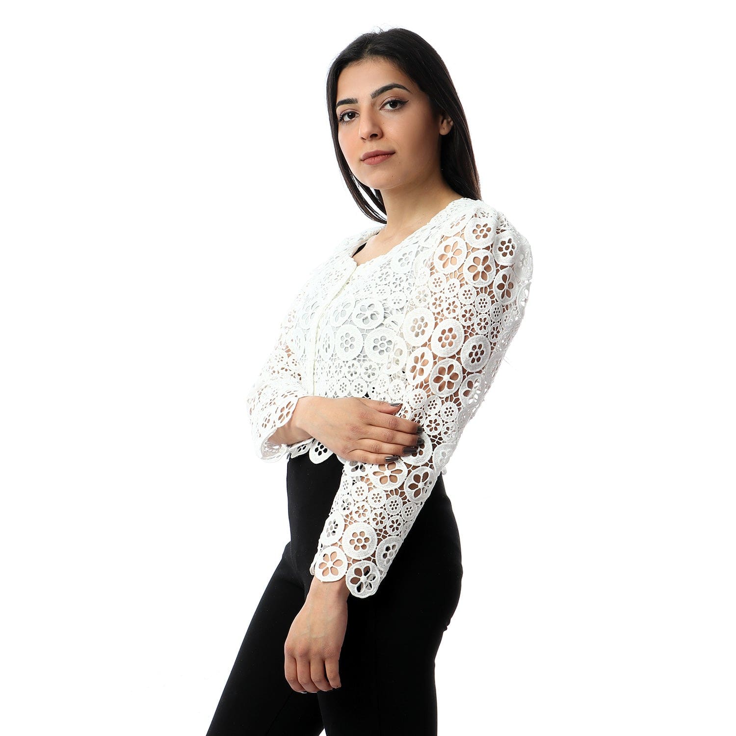 داليدرس جاكيت خصر مرتفع مخرم كم طويل نسائي أوف وايت