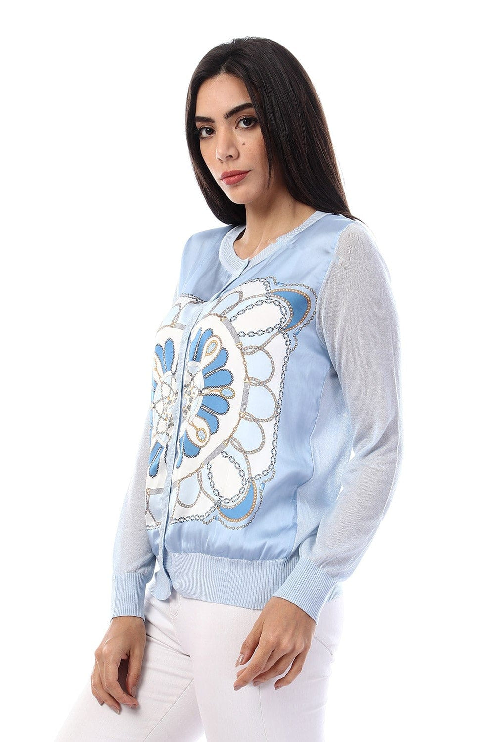 داليدرس كارديجان قصير منقوش بسحاب كم طويل نسائي أزرق فاتح