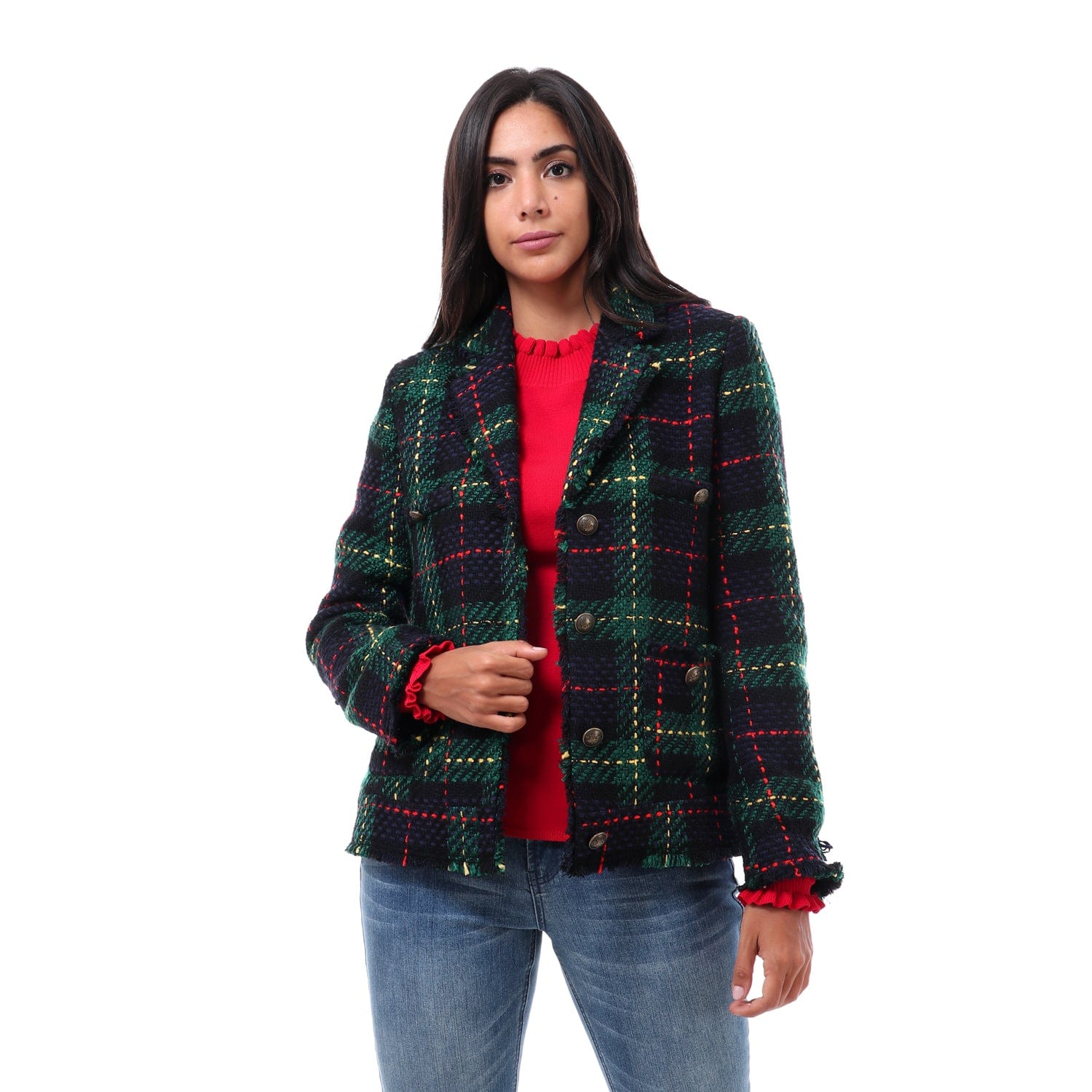 داليدرس جاكيت كاروهات بأزرار أمامية كم طويل نسائي أزرق داكن/أخضر