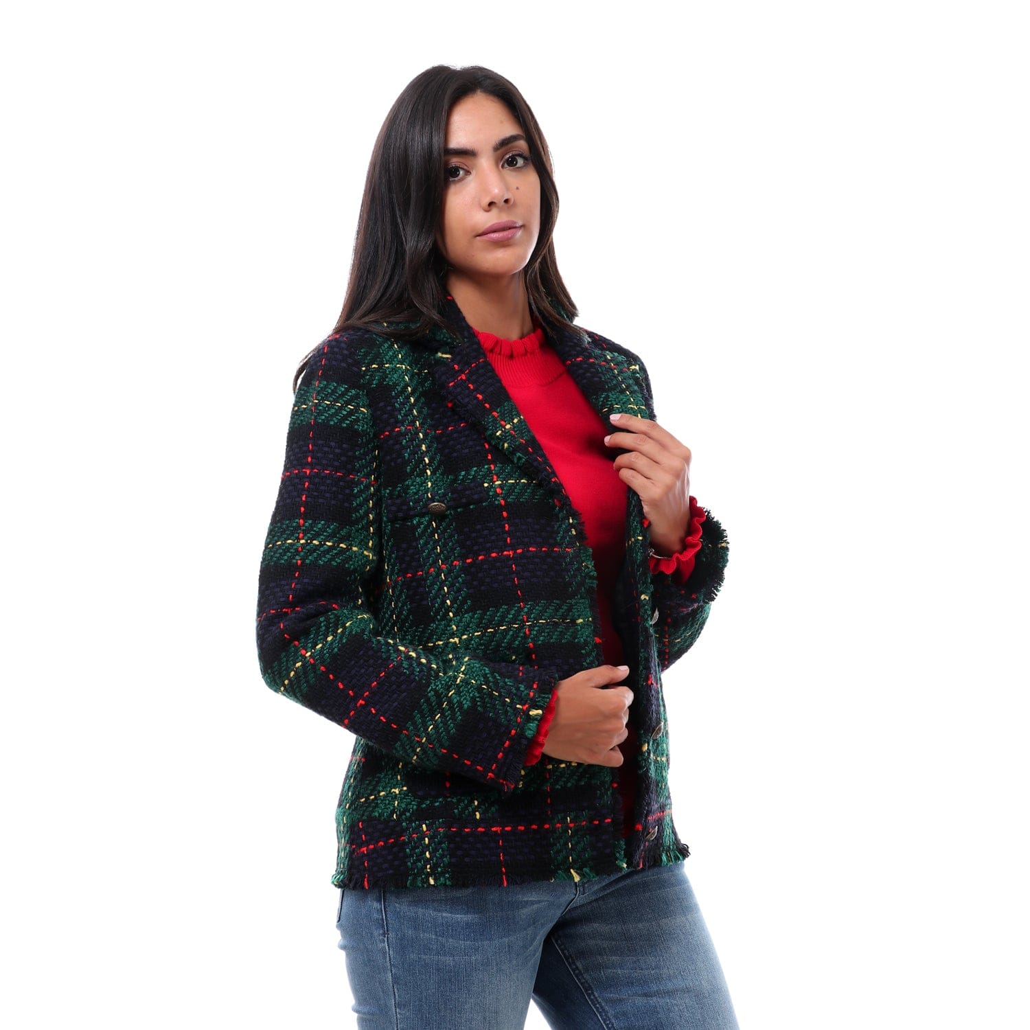 داليدرس جاكيت كاروهات بأزرار أمامية كم طويل نسائي أزرق داكن/أخضر